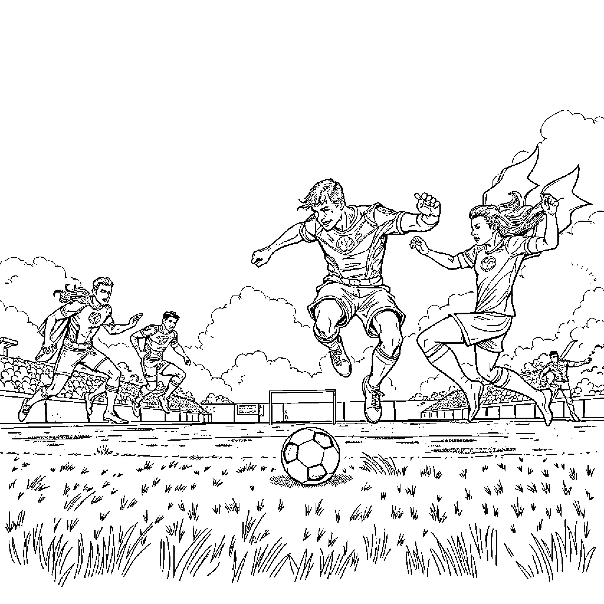 Superhero soccer players in an intense match Coloring Page (free black-and-white line drawing printable PDF for all, from beginners to advanced learners, including children, teens, adults, and seniors)