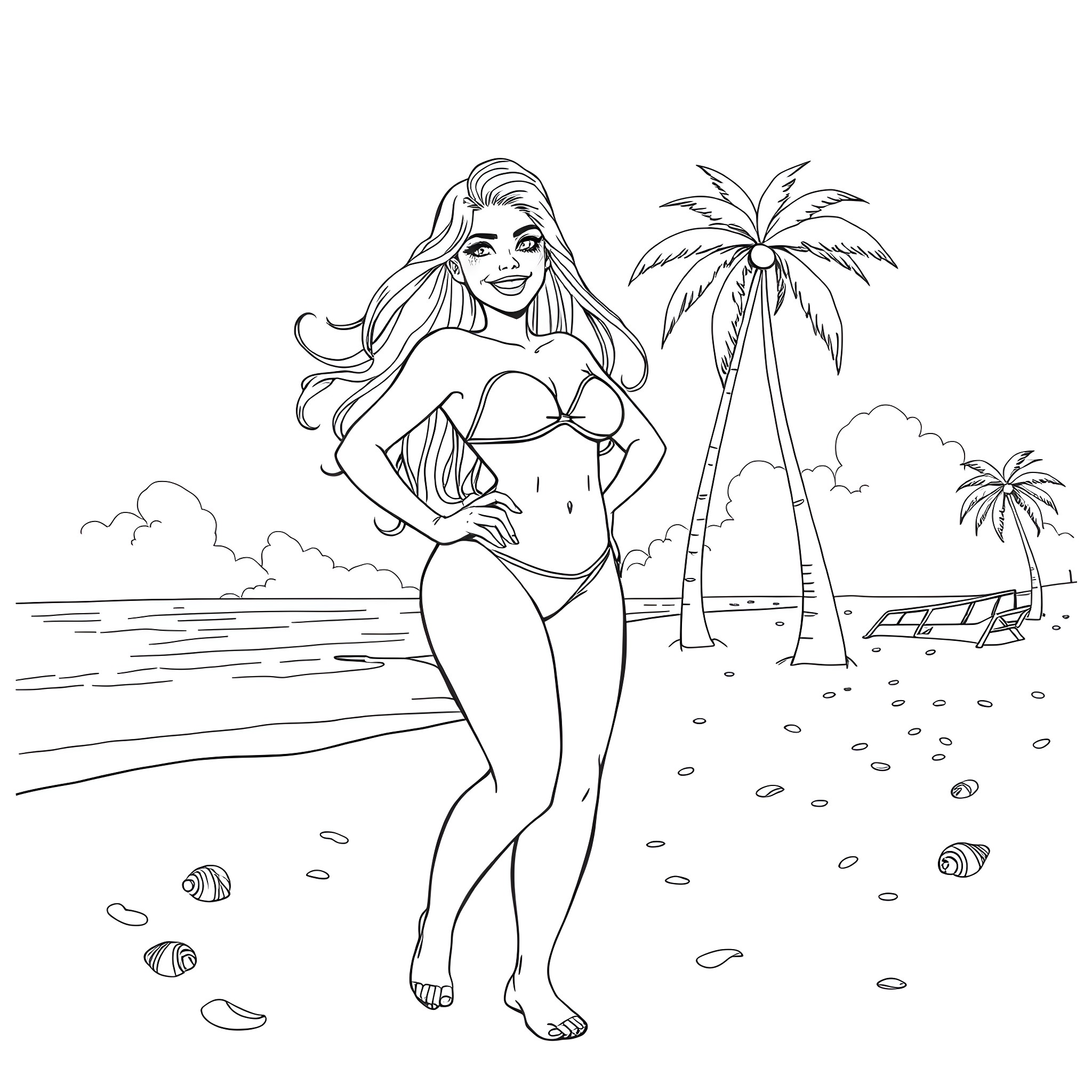 Alexa Bliss standing confidently on a tropical beach Coloring Page (free black-and-white line drawing printable PDF for all, from beginners to advanced learners, including children, teens, adults, and seniors)