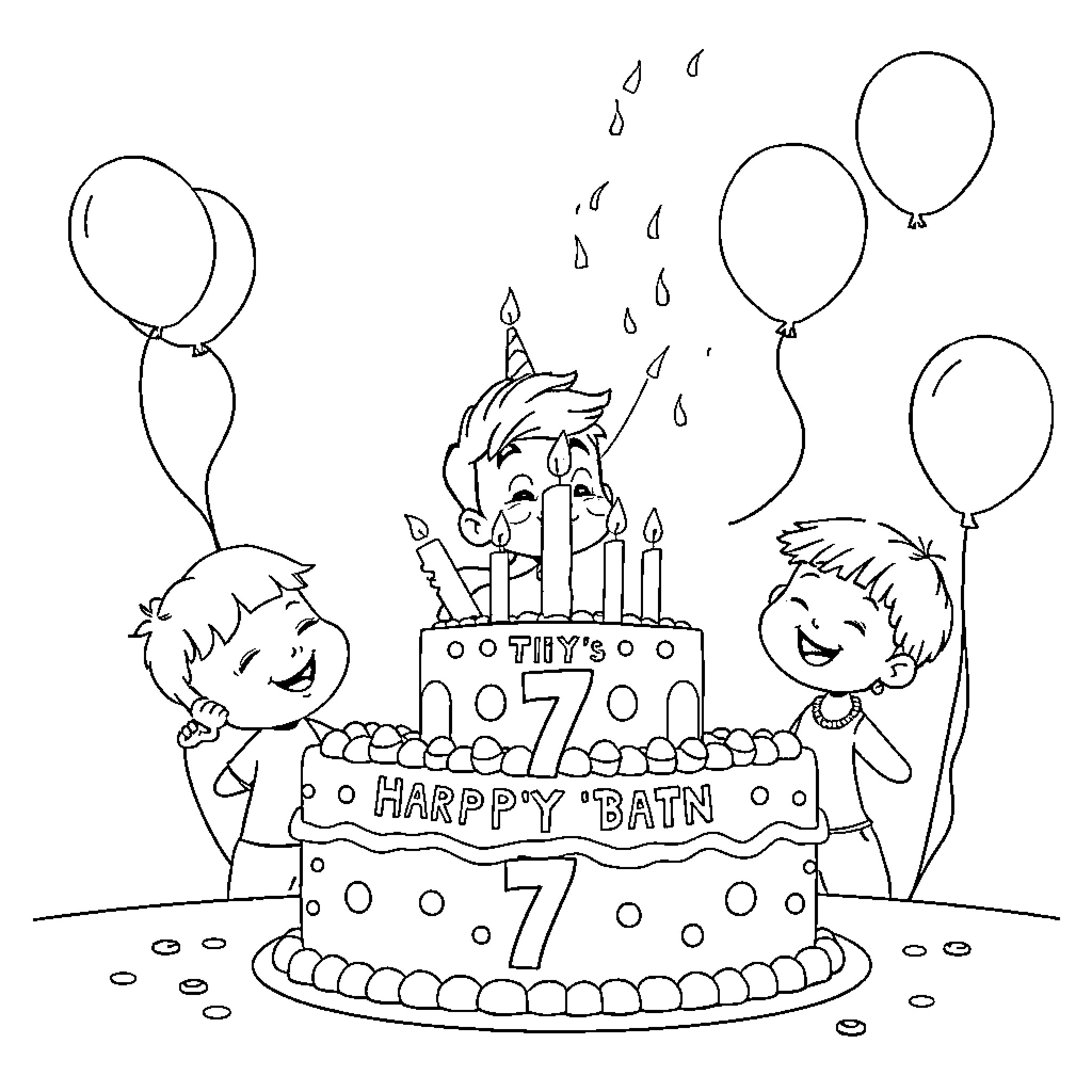 Gâteau for a Happy Birthday Celebration Coloring Page (free black-and-white line drawing printable PDF for all, from beginners to advanced learners, including children, teens, adults, and seniors)