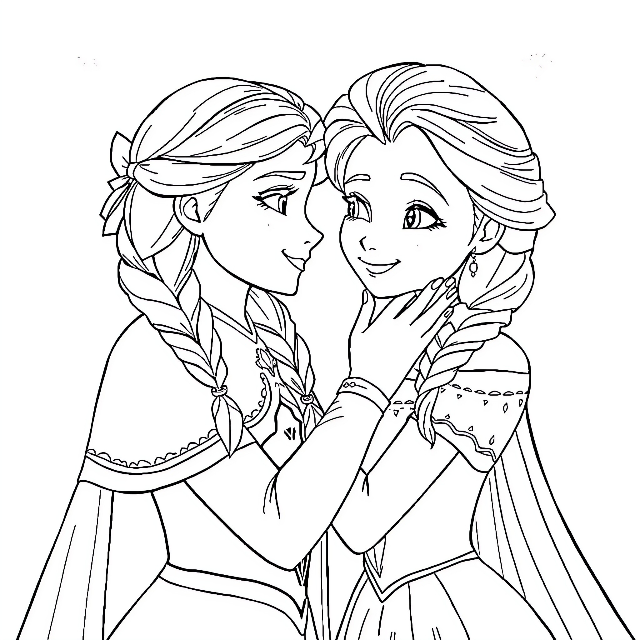 Anna and Elsa Sharing a Warm Embrace Coloring Page (free black-and-white line drawing printable PDF for all, from beginners to advanced learners, including children, teens, adults, and seniors)