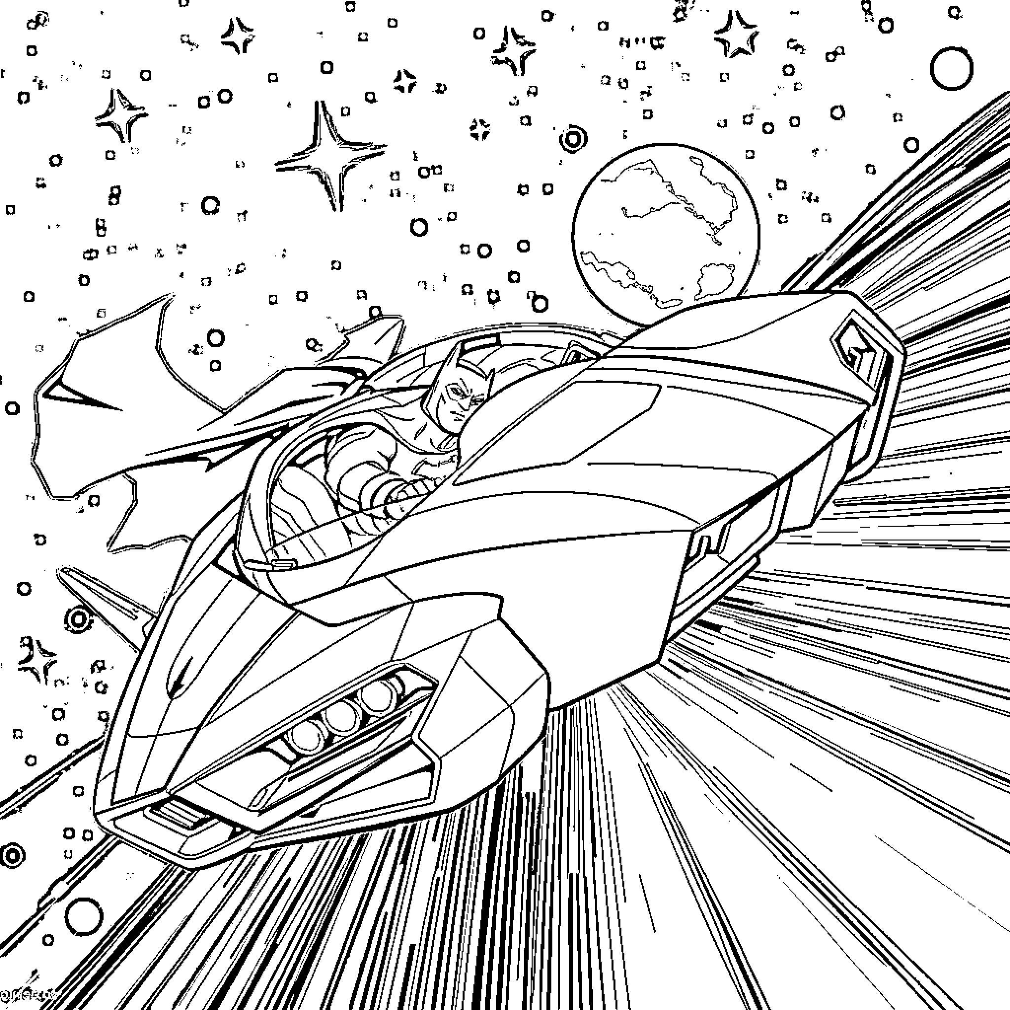 Batman's Futuristic Space Exploration Craft Coloring Page (free black-and-white line drawing printable PDF for all, from beginners to advanced learners, including children, teens, adults, and seniors)