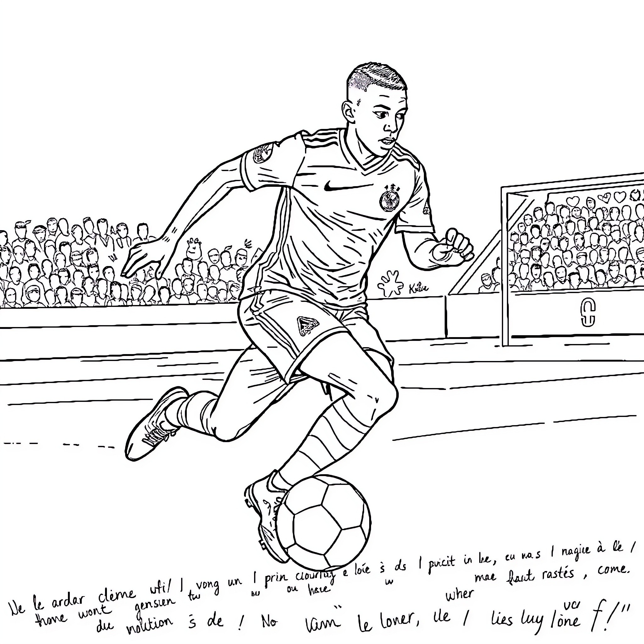 Mbappe's Skillful Soccer Performance in Front of Crowd Coloring Page (free black-and-white line drawing printable PDF for all, from beginners to advanced learners, including children, teens, adults, and seniors)