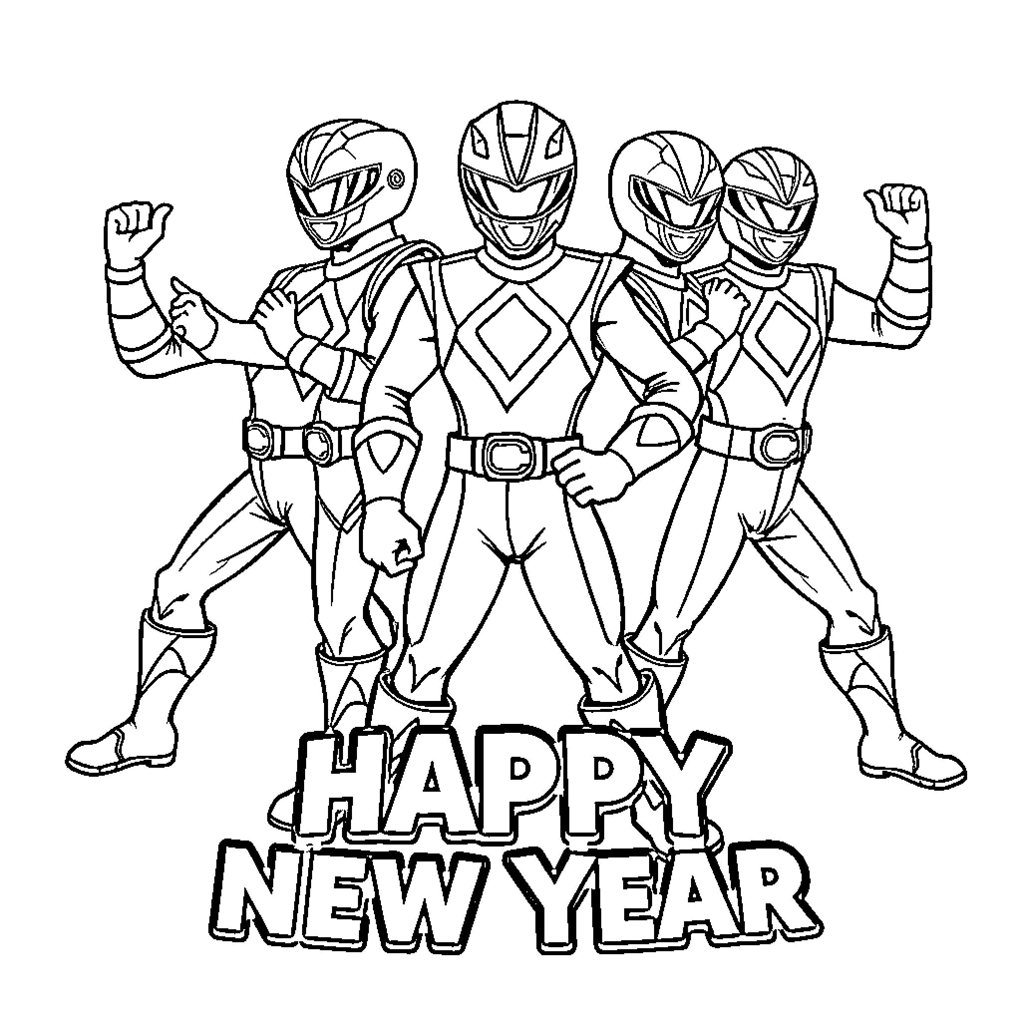 Power Rangers Celebrating the New Year Coloring Page (free black-and-white line drawing printable PDF for all, from beginners to advanced learners, including children, teens, adults, and seniors)