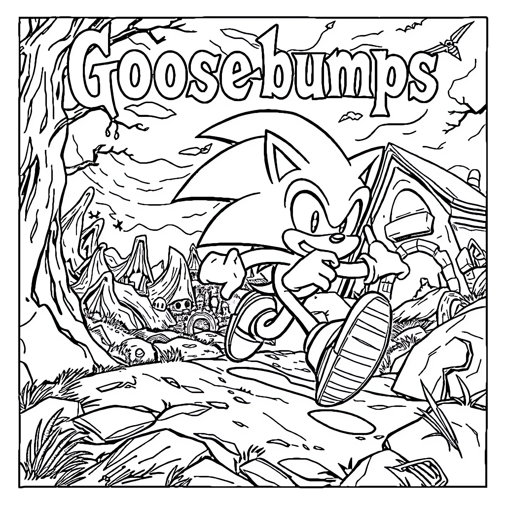 Sonic enjoying spooky outdoor adventure Coloring Page (free black-and-white line drawing printable PDF for all, from beginners to advanced learners, including children, teens, adults, and seniors)