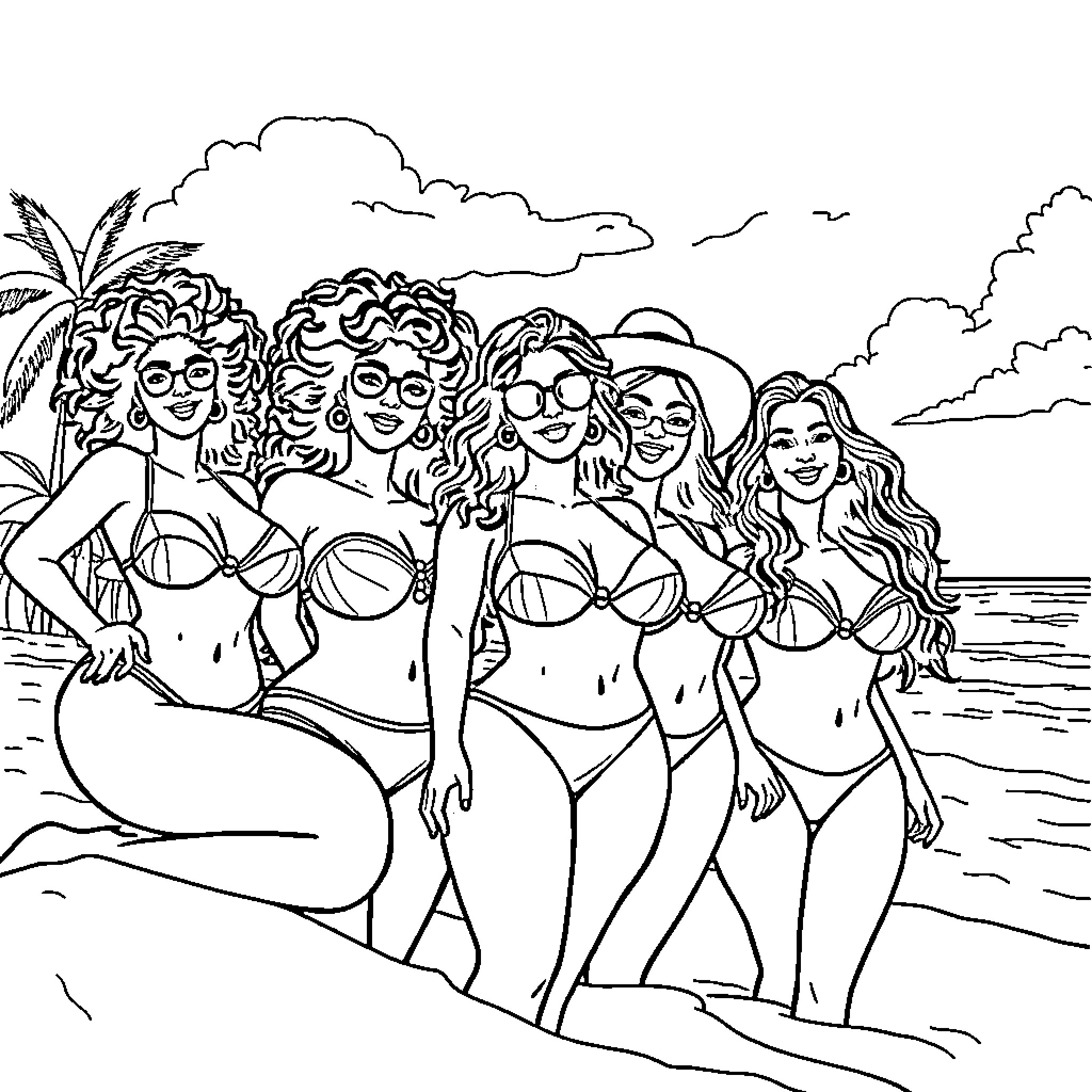 Latina Women Enjoying a Beach Day Together Coloring Page (free black-and-white line drawing printable PDF for all, from beginners to advanced learners, including children, teens, adults, and seniors)