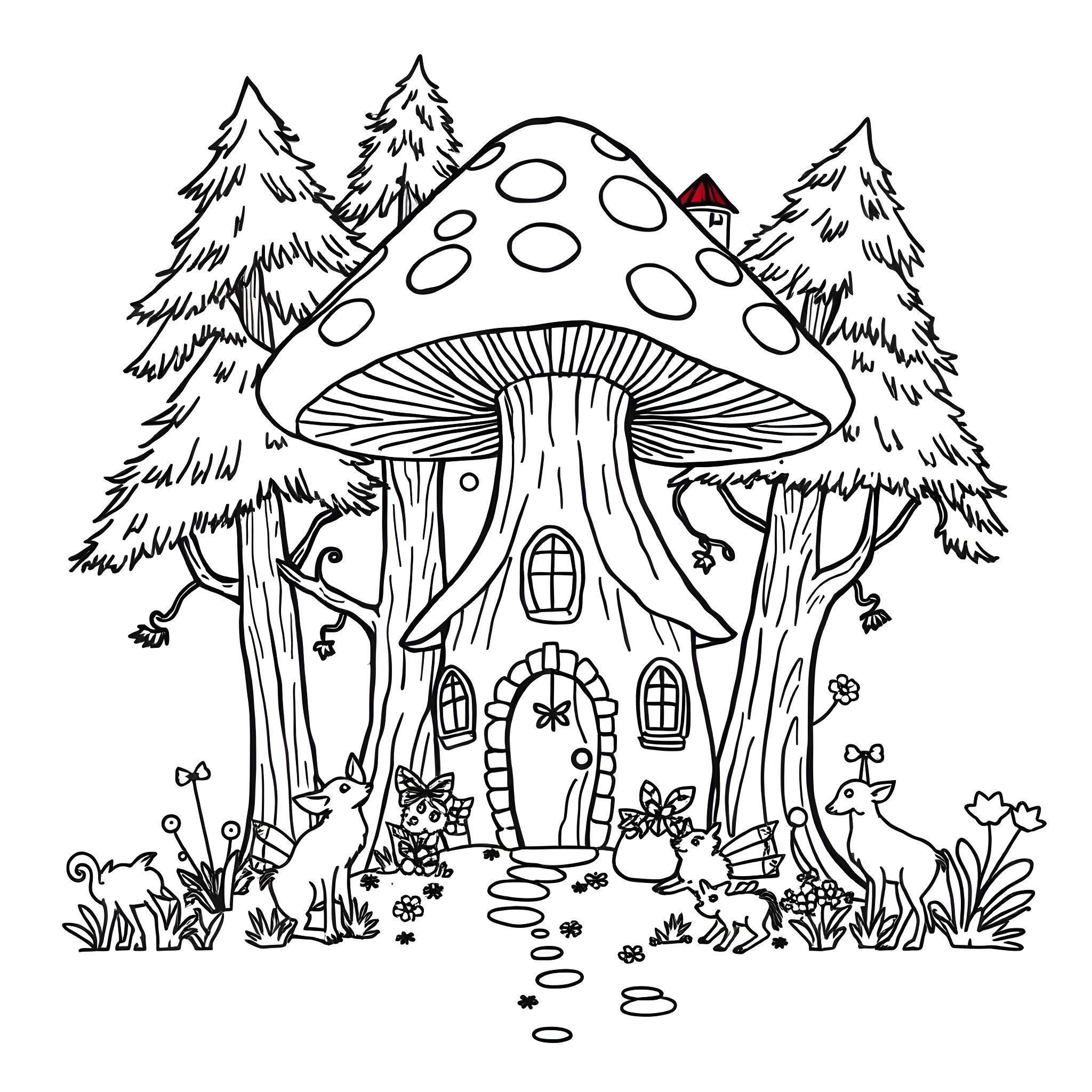 Fairy House with Woodland Creatures in Enchanted Forest Coloring Page (free black-and-white line drawing printable PDF for all, from beginners to advanced learners, including children, teens, adults, and seniors)