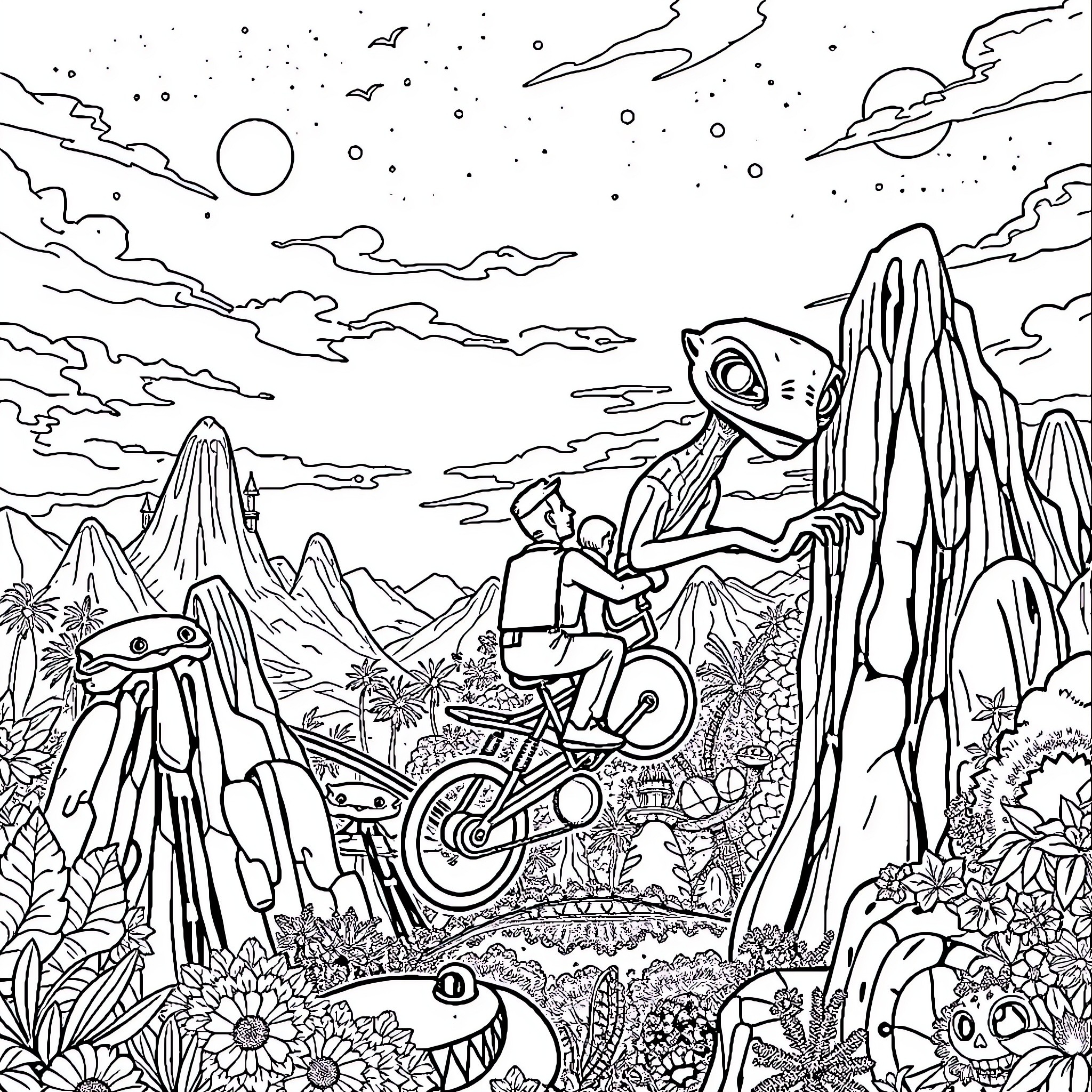 ET exploring alien landscape on motorcycle Coloring Page (free black-and-white line drawing printable PDF for all, from beginners to advanced learners, including children, teens, adults, and seniors)