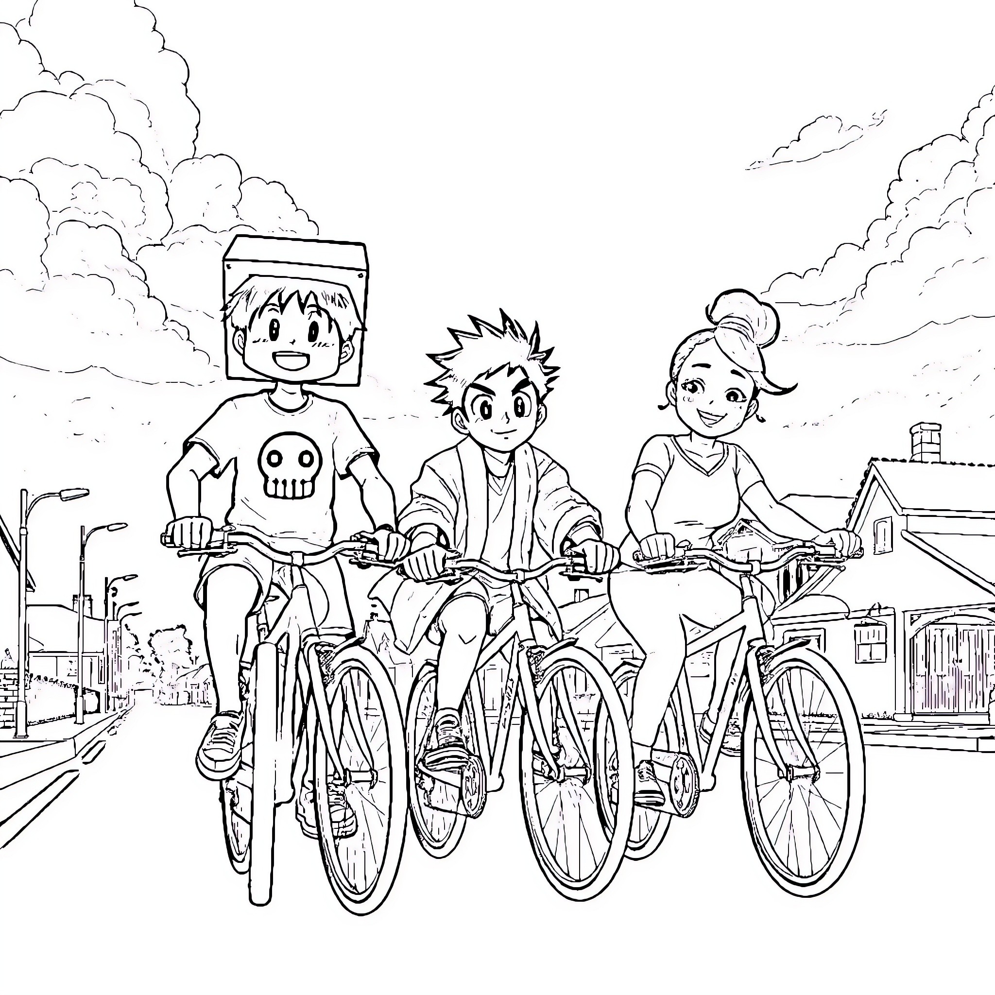 Friend's joyful bike ride through the city Coloring Page (free black-and-white line drawing printable PDF for all, from beginners to advanced learners, including children, teens, adults, and seniors)