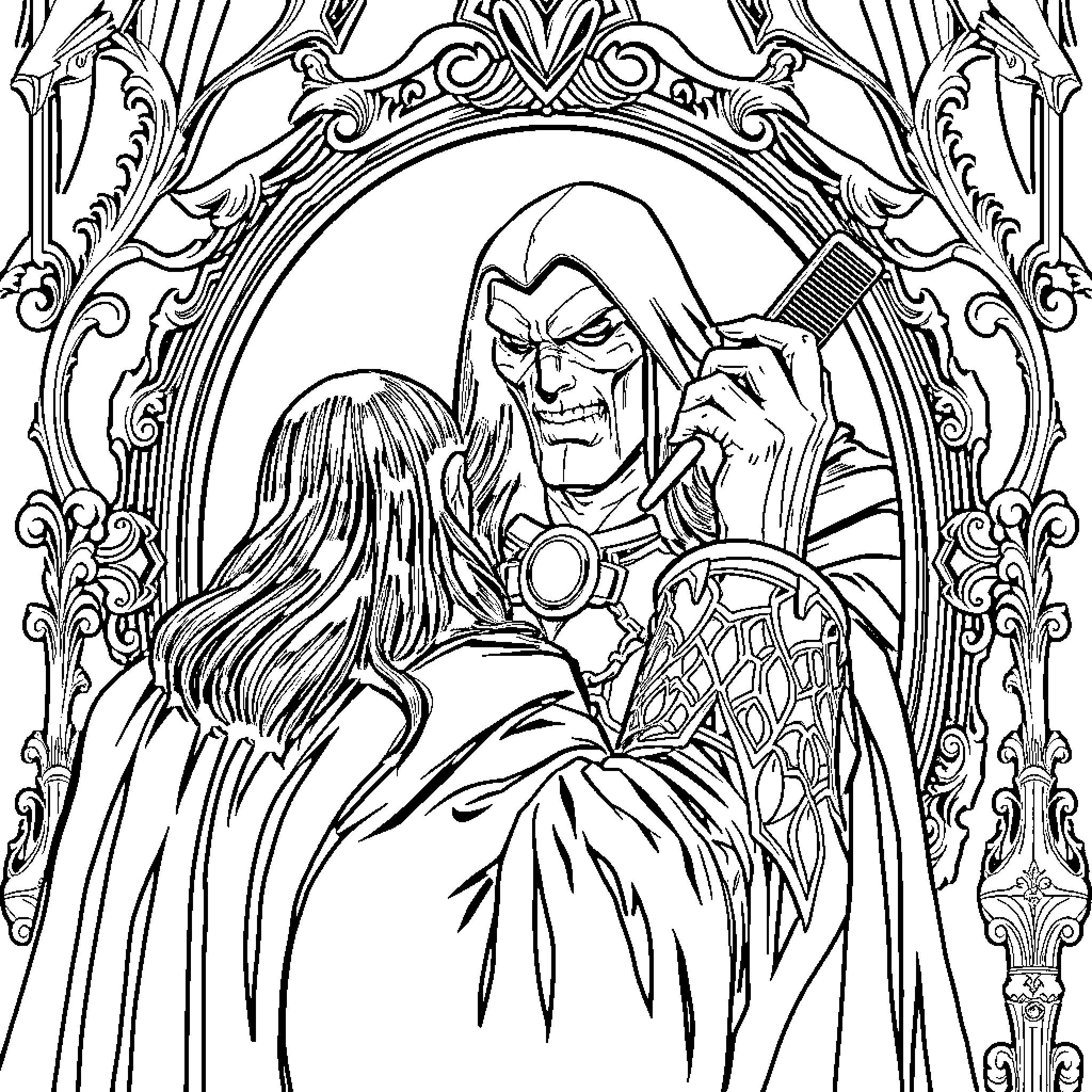 Dr. Doom Plotting Sinister Schemes in Ornate Lair Coloring Page (free black-and-white line drawing printable PDF for all, from beginners to advanced learners, including children, teens, adults, and seniors)