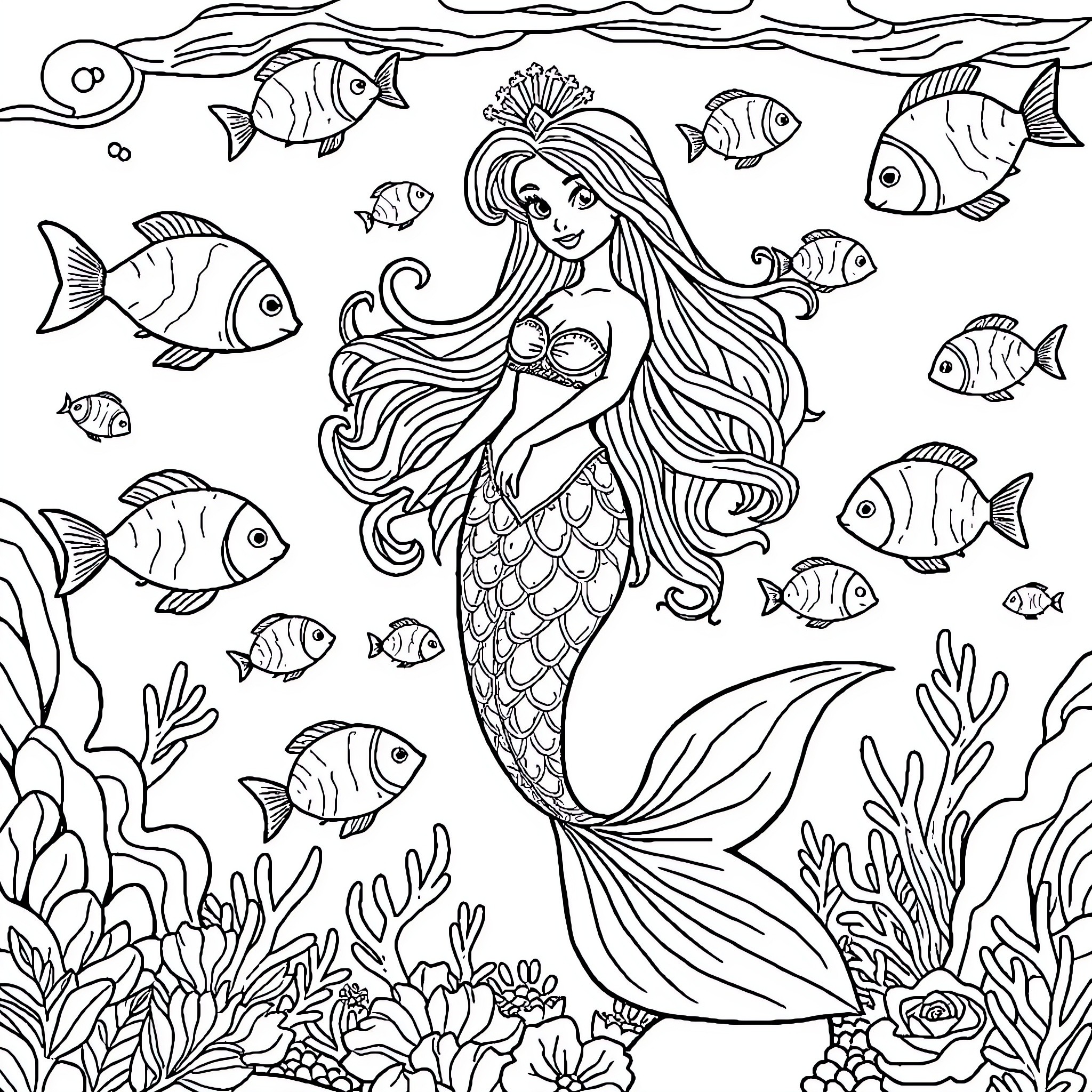 Mermaid Enchantingly Surrounded by Marine Life Coloring Page (free black-and-white line drawing printable PDF for all, from beginners to advanced learners, including children, teens, adults, and seniors)