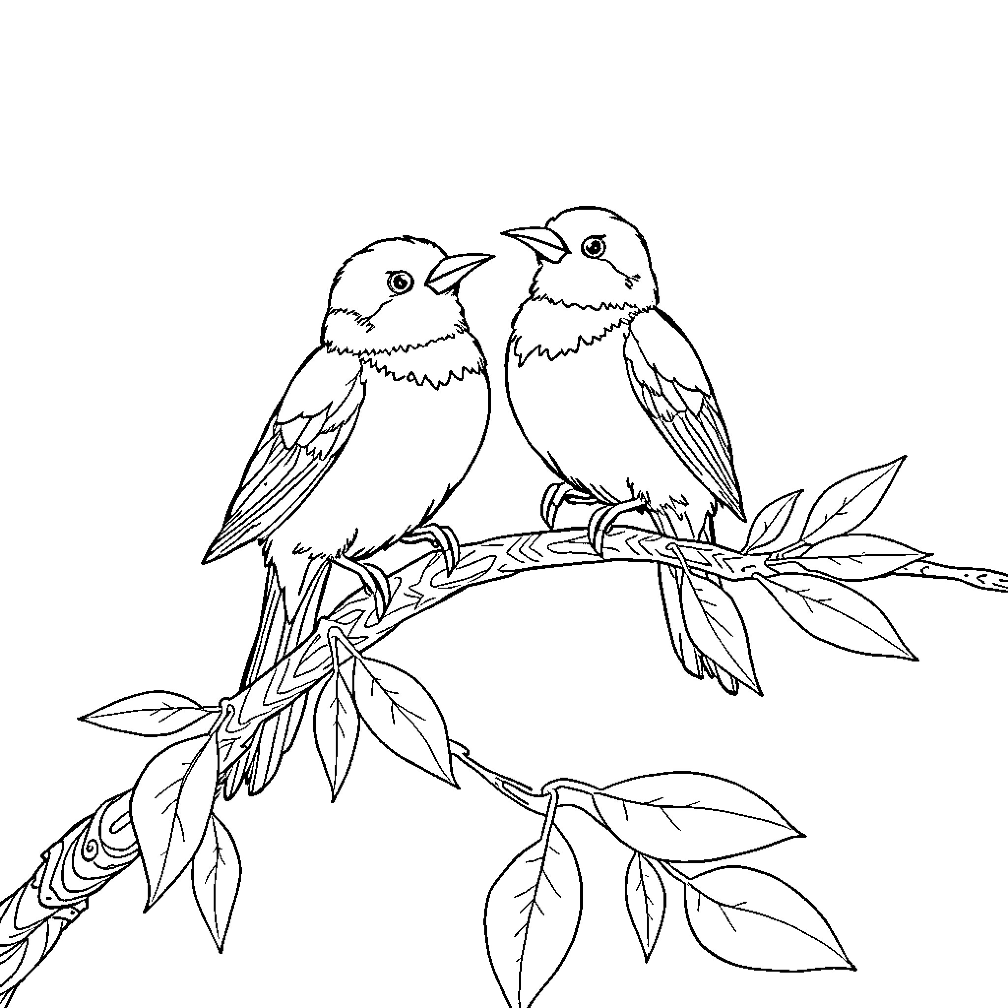 Birds perched on a branch with leaves Coloring Page (free black-and-white line drawing printable PDF for all, from beginners to advanced learners, including children, teens, adults, and seniors)