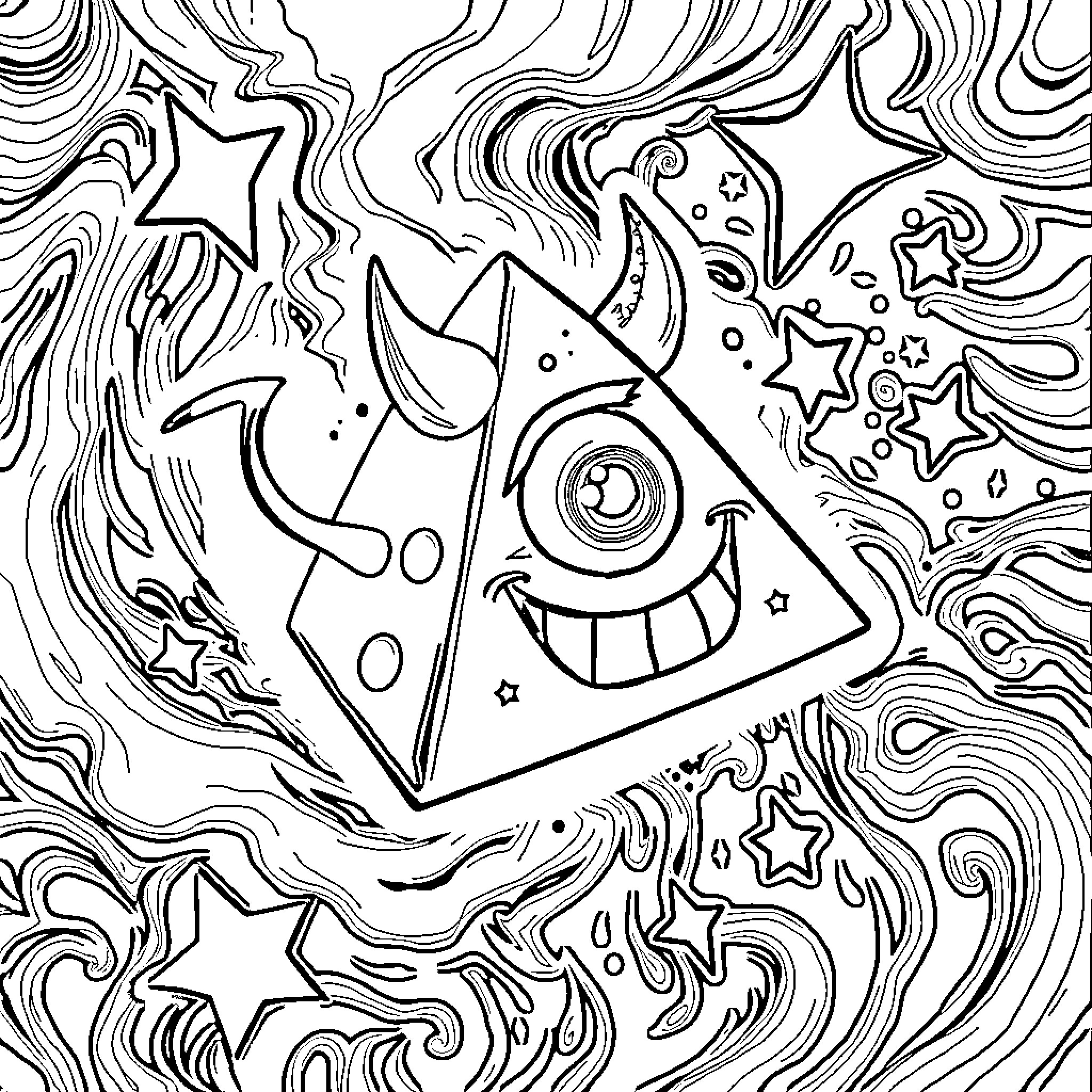 Bill Cipher's Cosmic Chaos Coloring Page (free black-and-white line drawing printable PDF for all, from beginners to advanced learners, including children, teens, adults, and seniors)