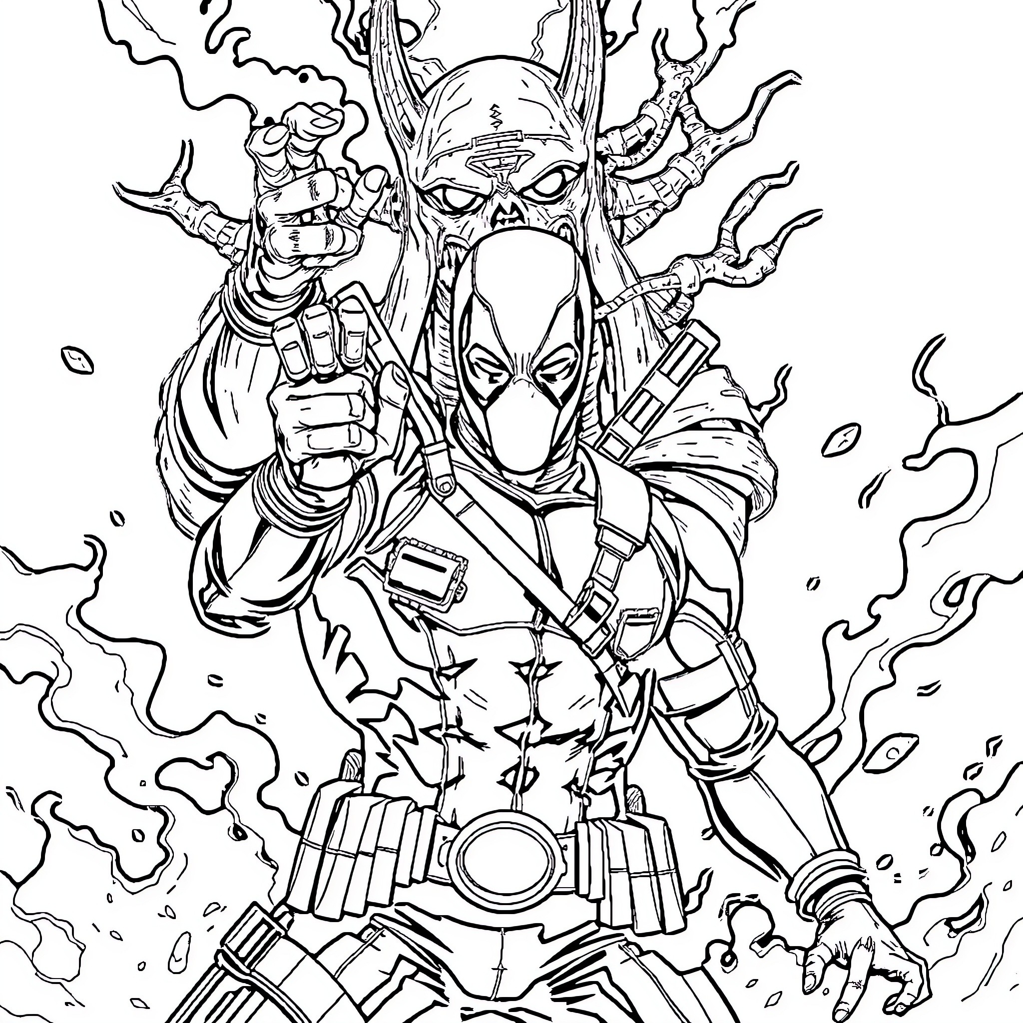 Deadpool Unleashing Chaos and Destruction Coloring Page (free black-and-white line drawing printable PDF for all, from beginners to advanced learners, including children, teens, adults, and seniors)