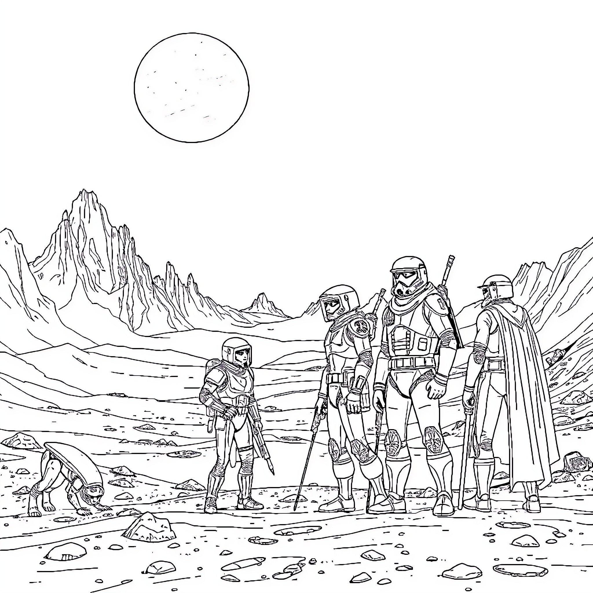 Red Rising: Adventurers in Rugged Landscape Coloring Page (free black-and-white line drawing printable PDF for all, from beginners to advanced learners, including children, teens, adults, and seniors)