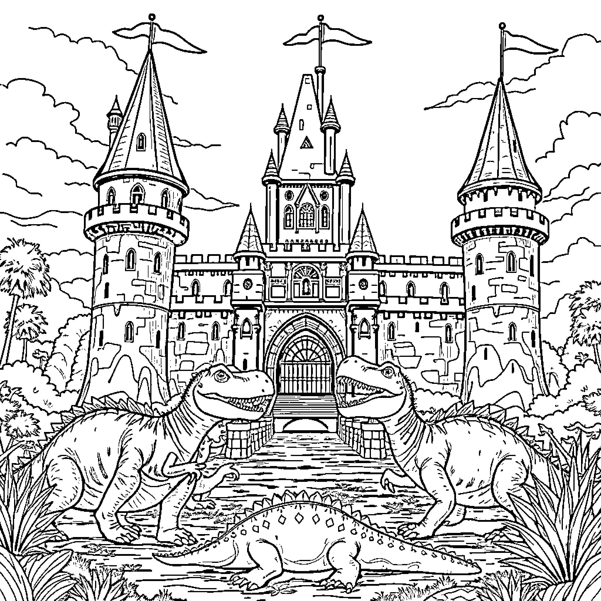 Dinosaurs guarding a fantasy castle Coloring Page (free black-and-white line drawing printable PDF for all, from beginners to advanced learners, including children, teens, adults, and seniors)