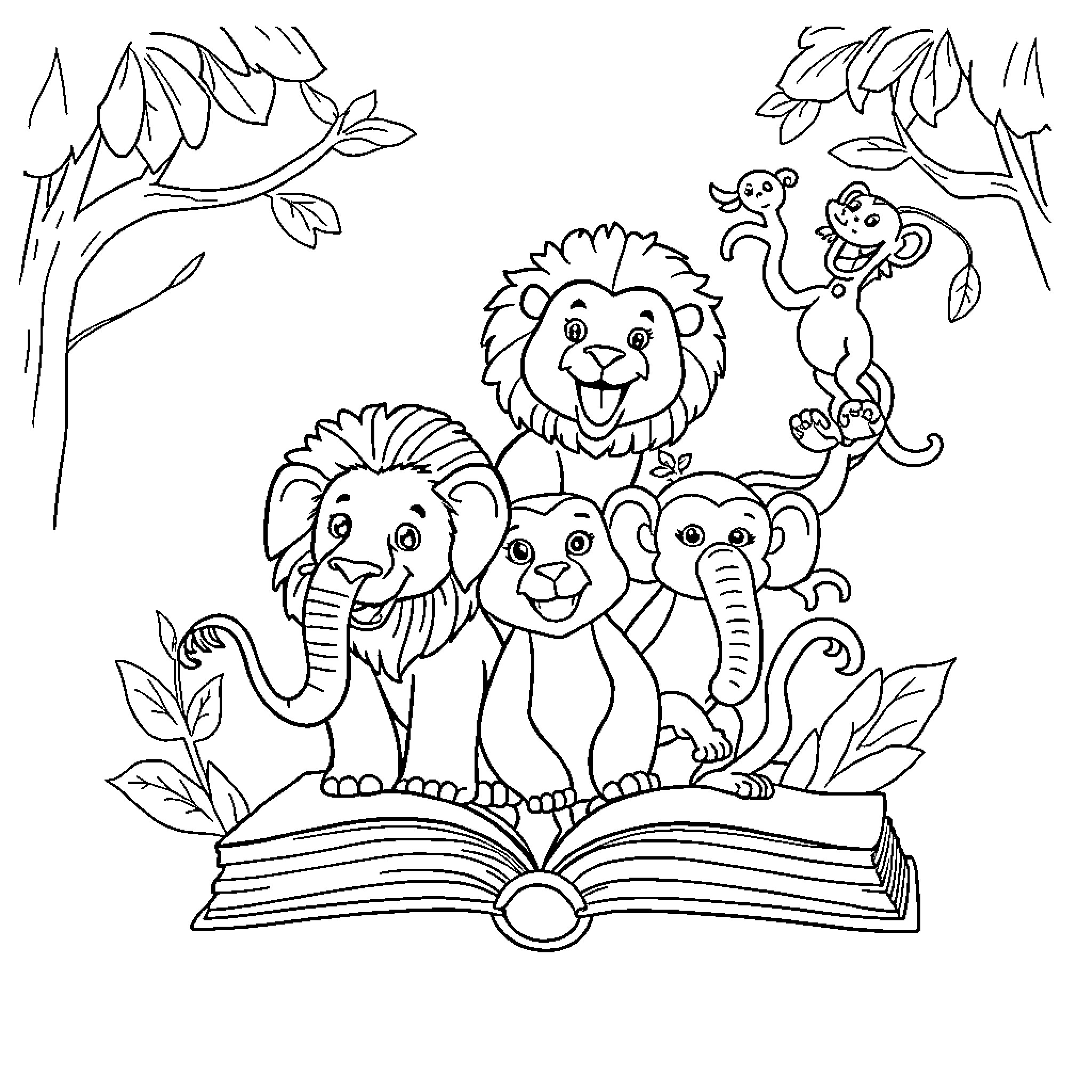 Book of Joyful Animals in Nature Coloring Page (free black-and-white line drawing printable PDF for all, from beginners to advanced learners, including children, teens, adults, and seniors)