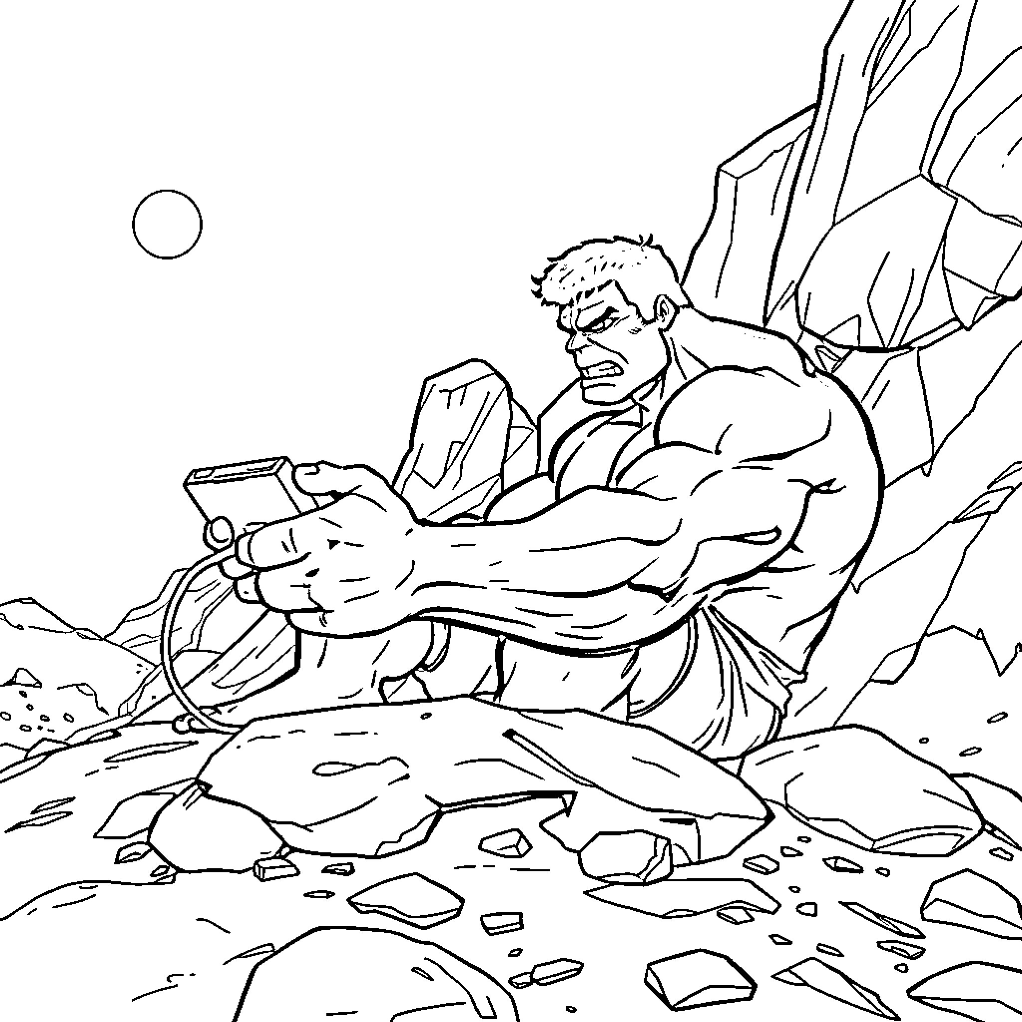 Hulk smashing through the rocky terrain Coloring Page (free black-and-white line drawing printable PDF for all, from beginners to advanced learners, including children, teens, adults, and seniors)