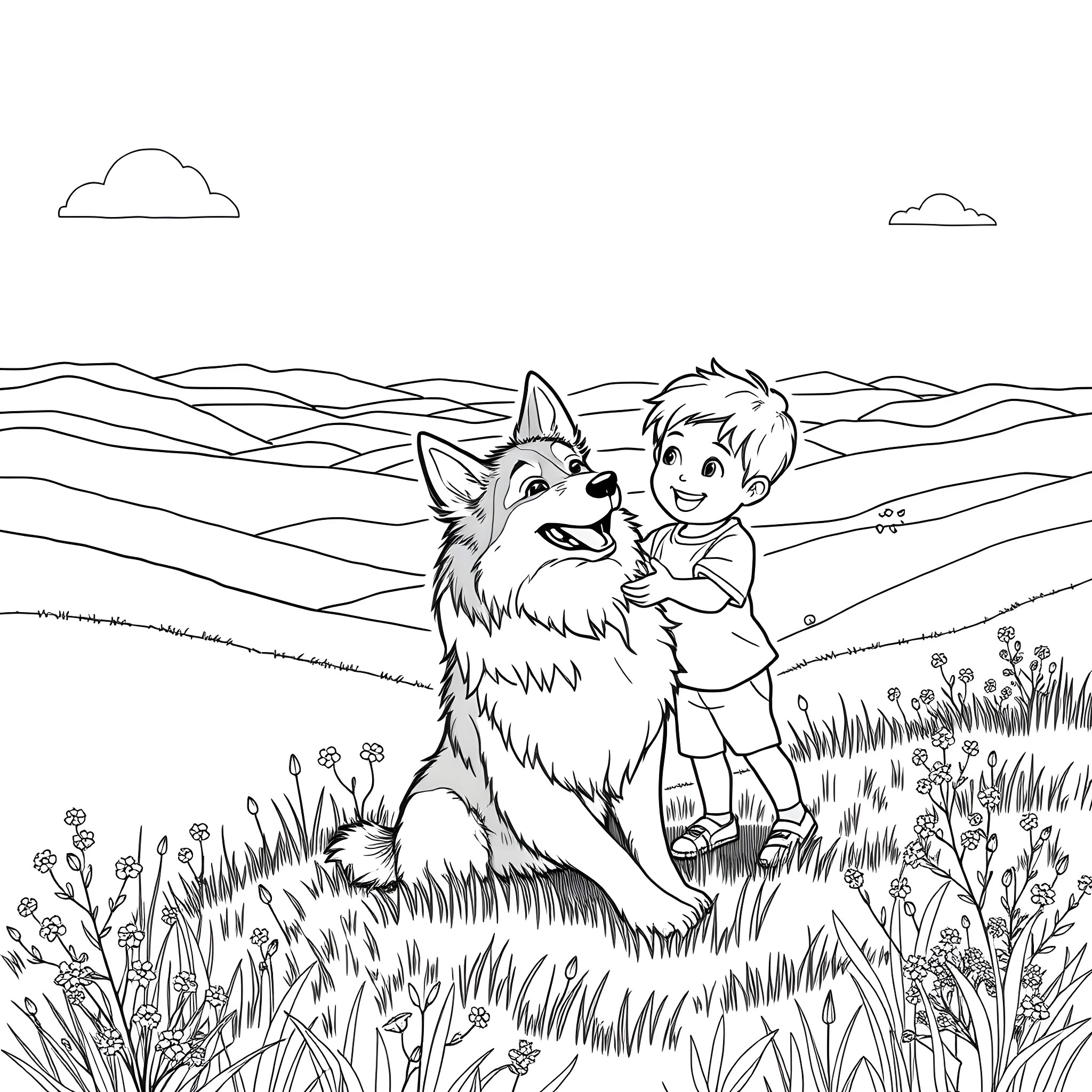 Border Collie and Child Playing in Scenic Countryside Coloring Page (free black-and-white line drawing printable PDF for all, from beginners to advanced learners, including children, teens, adults, and seniors)