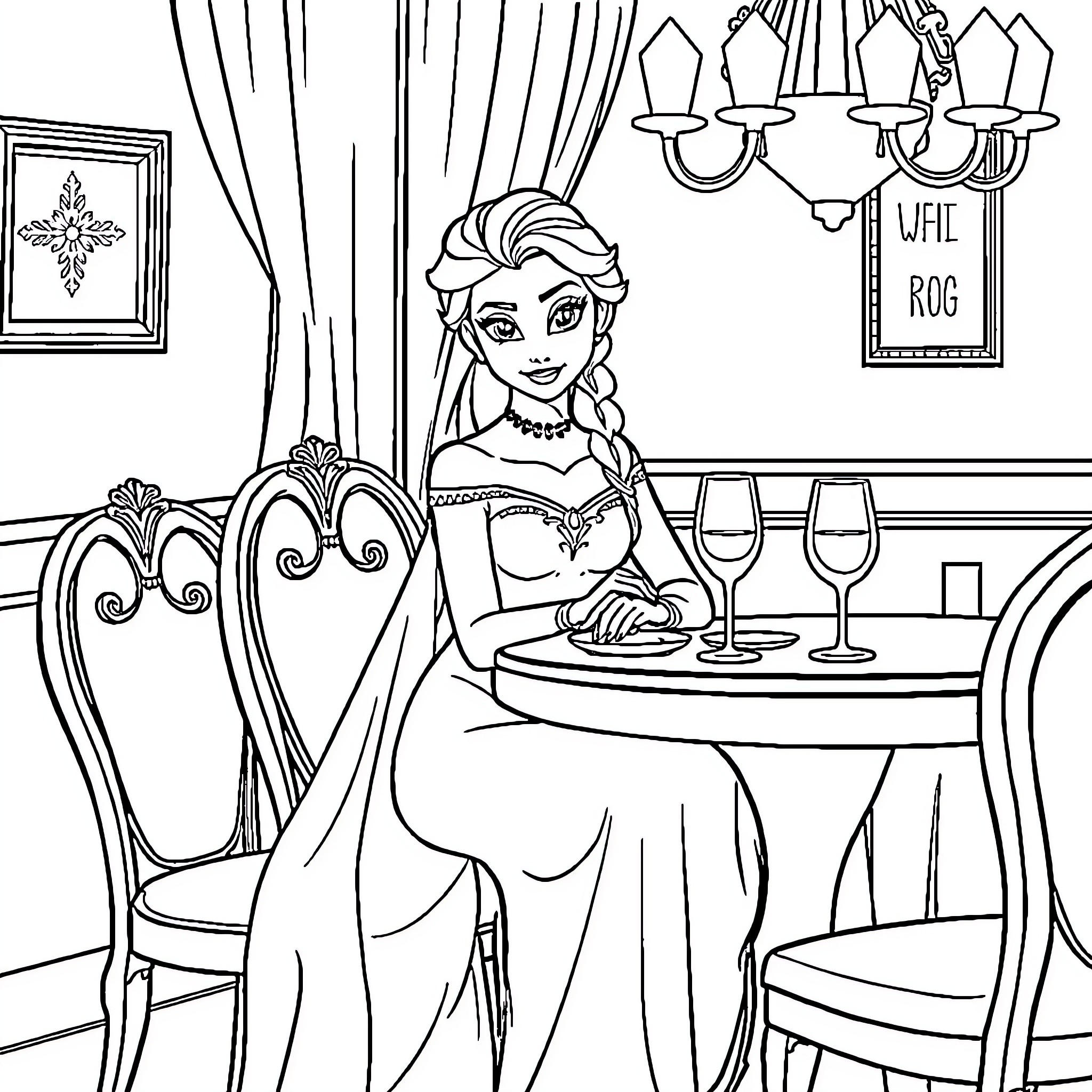 Elsa enjoying a formal dinner in the castle Coloring Page (free black-and-white line drawing printable PDF for all, from beginners to advanced learners, including children, teens, adults, and seniors)