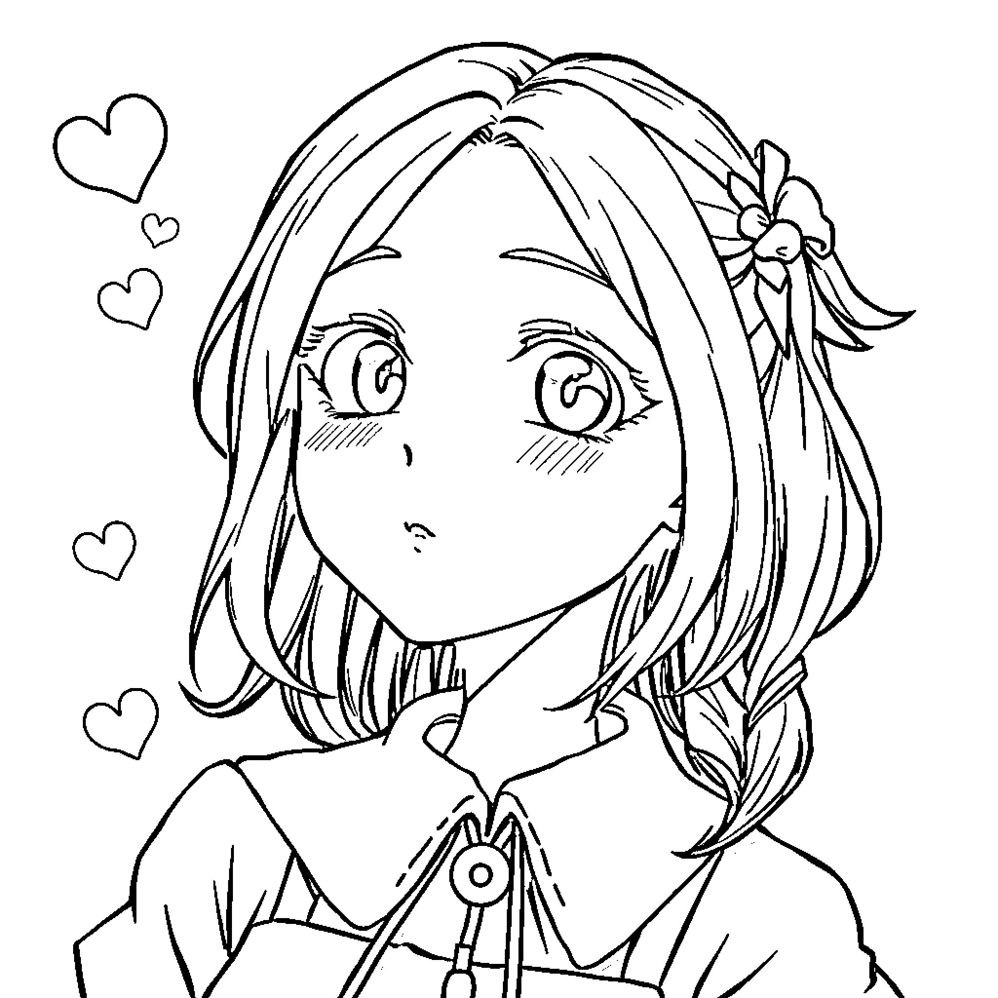 Girl with long hair and flower decoration Coloring Page (free black-and-white line drawing printable PDF for all, from beginners to advanced learners, including children, teens, adults, and seniors)