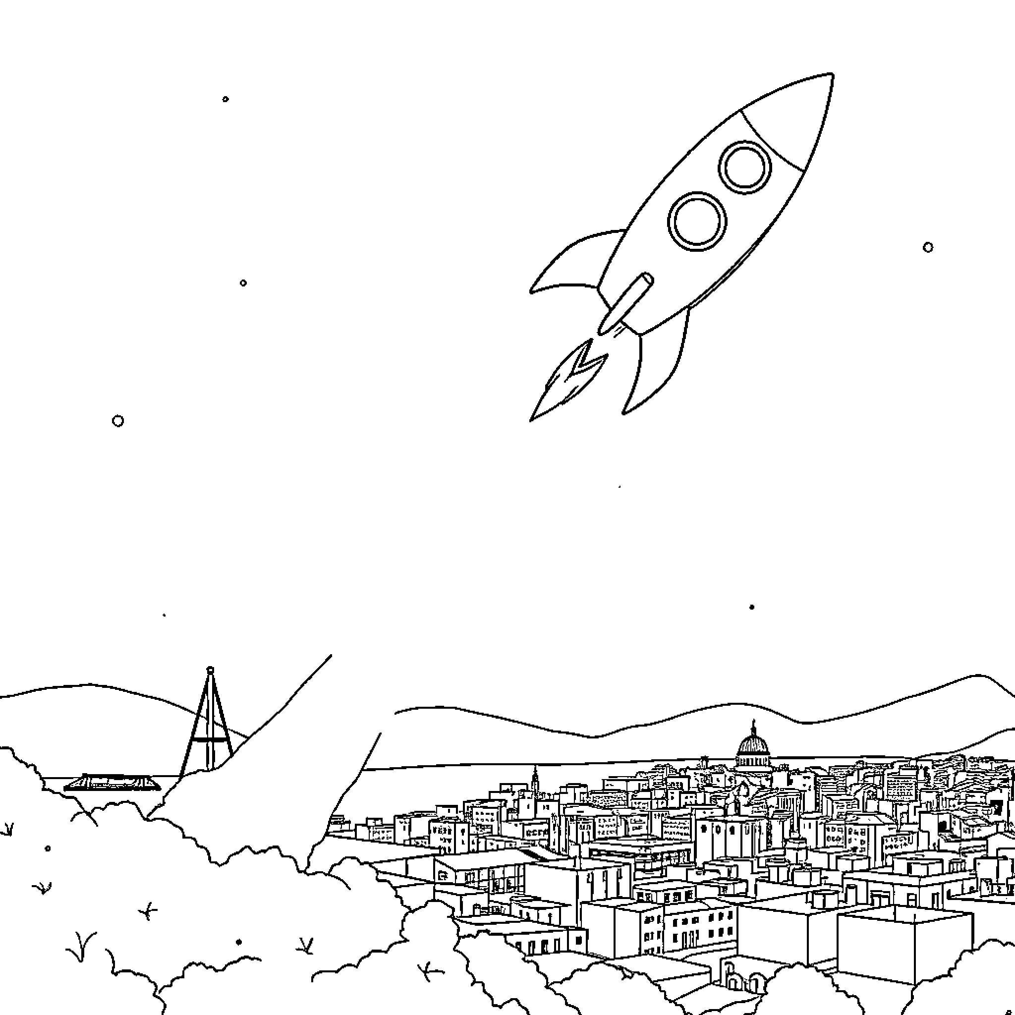 Rocket launching into the sky above a bustling city Coloring Page (free black-and-white line drawing printable PDF for all, from beginners to advanced learners, including children, teens, adults, and seniors)