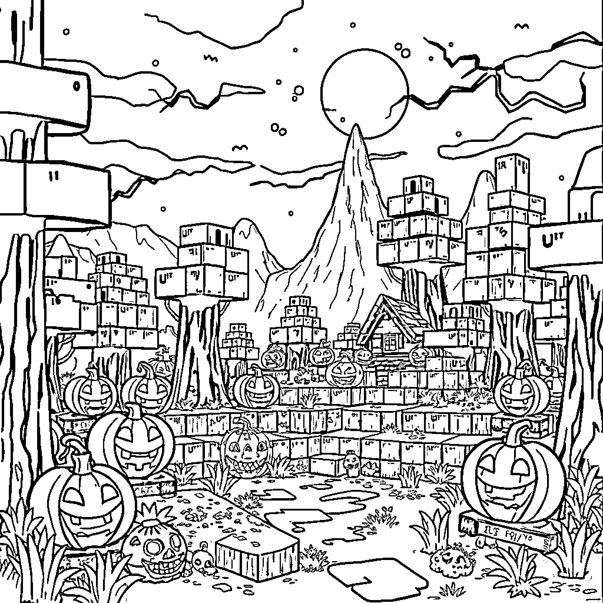 Minecraft Halloween spooky town and landscape Coloring Page (free black-and-white line drawing printable PDF for all, from beginners to advanced learners, including children, teens, adults, and seniors)