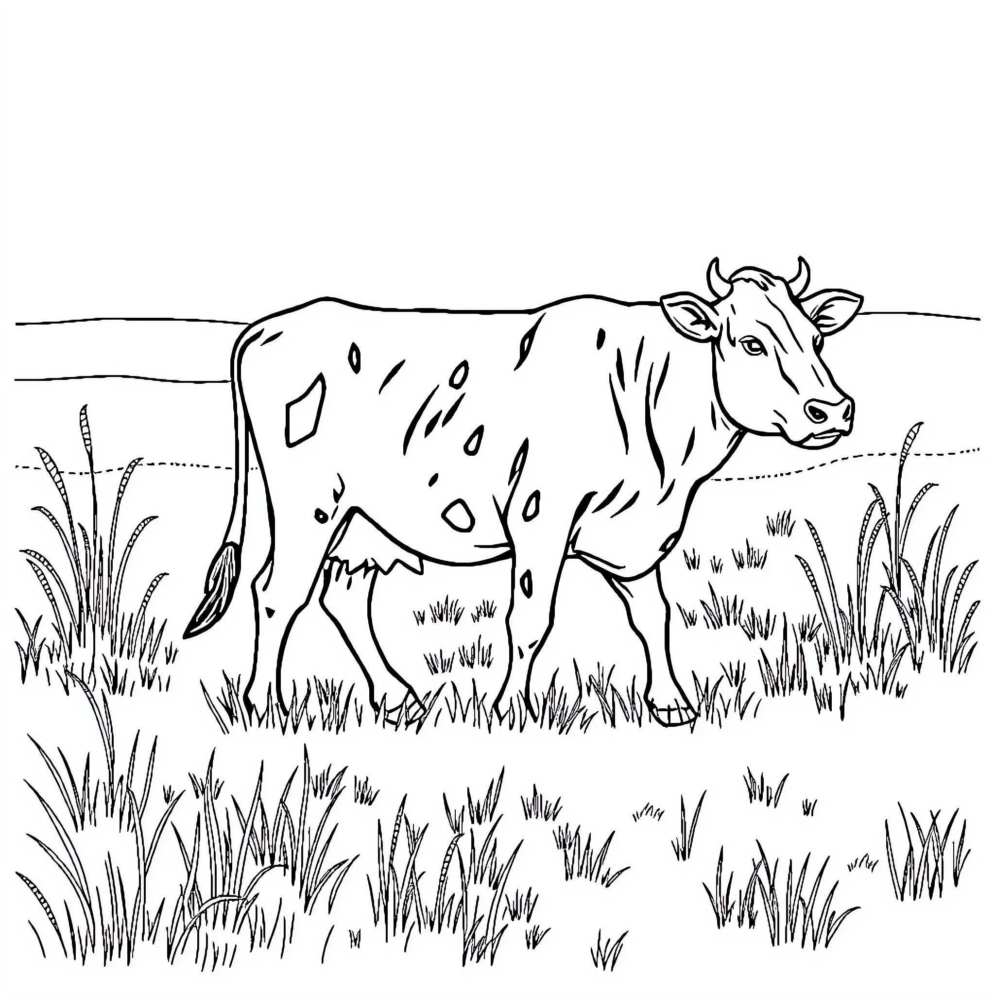 Cow standing in a grassy field Coloring Page (free black-and-white line drawing printable PDF for all, from beginners to advanced learners, including children, teens, adults, and seniors)