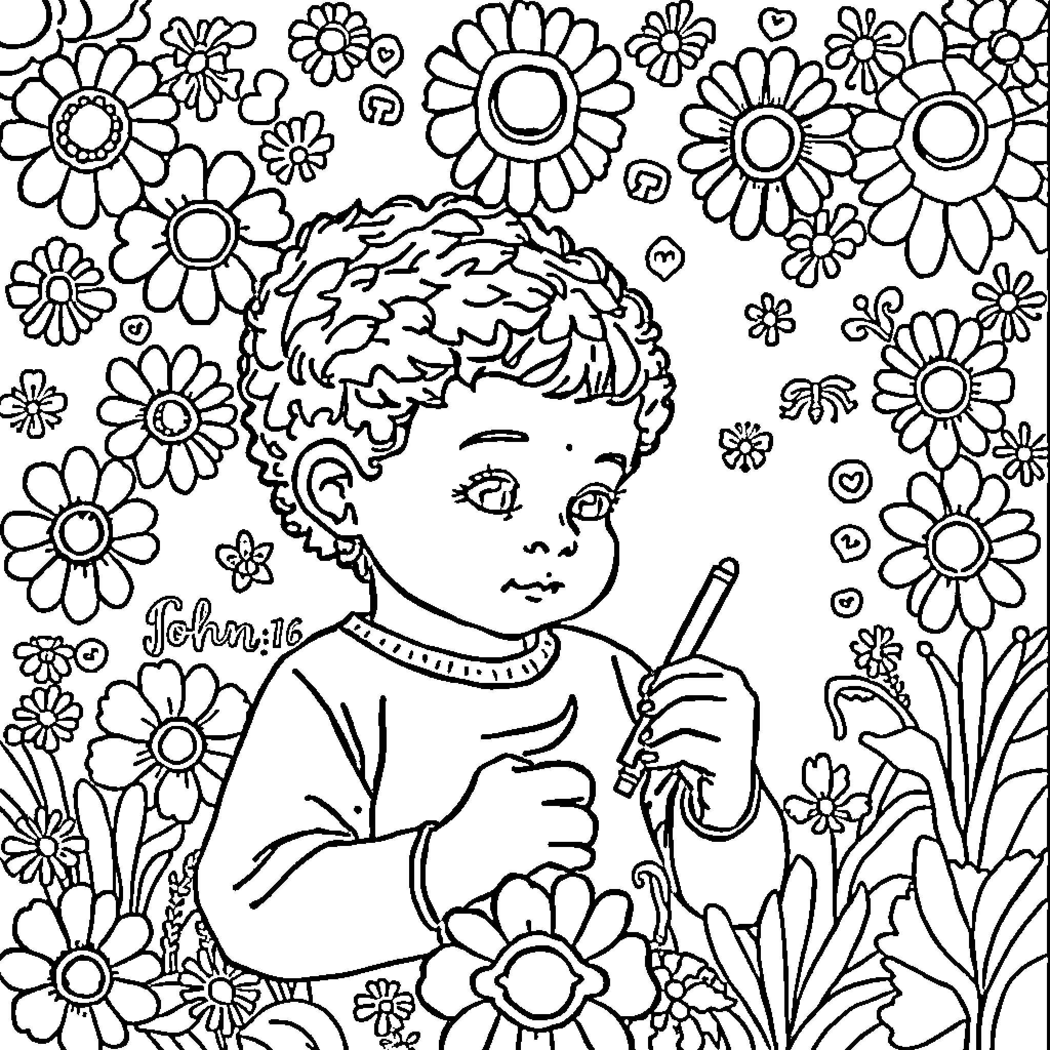 Bible Verse: Child surrounded by flowers coloring Coloring Page (free black-and-white line drawing printable PDF for all, from beginners to advanced learners, including children, teens, adults, and seniors)