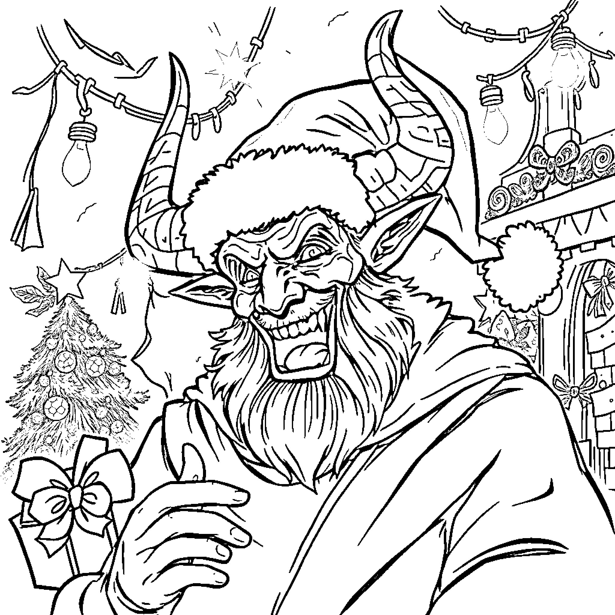 Satan's Mischievous Holiday Revelry Coloring Page (free black-and-white line drawing printable PDF for all, from beginners to advanced learners, including children, teens, adults, and seniors)
