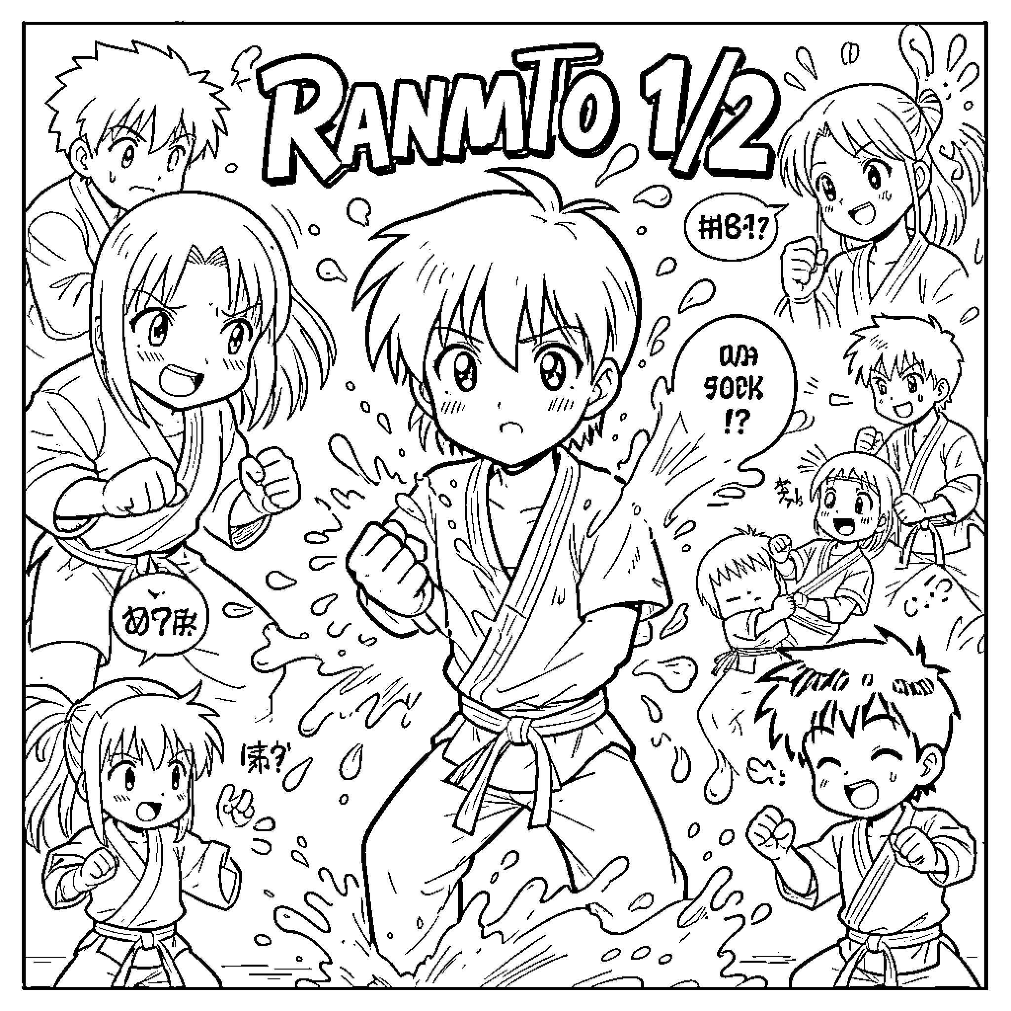 Ranma and friends in animated mayhem Coloring Page (free black-and-white line drawing printable PDF for all, from beginners to advanced learners, including children, teens, adults, and seniors)