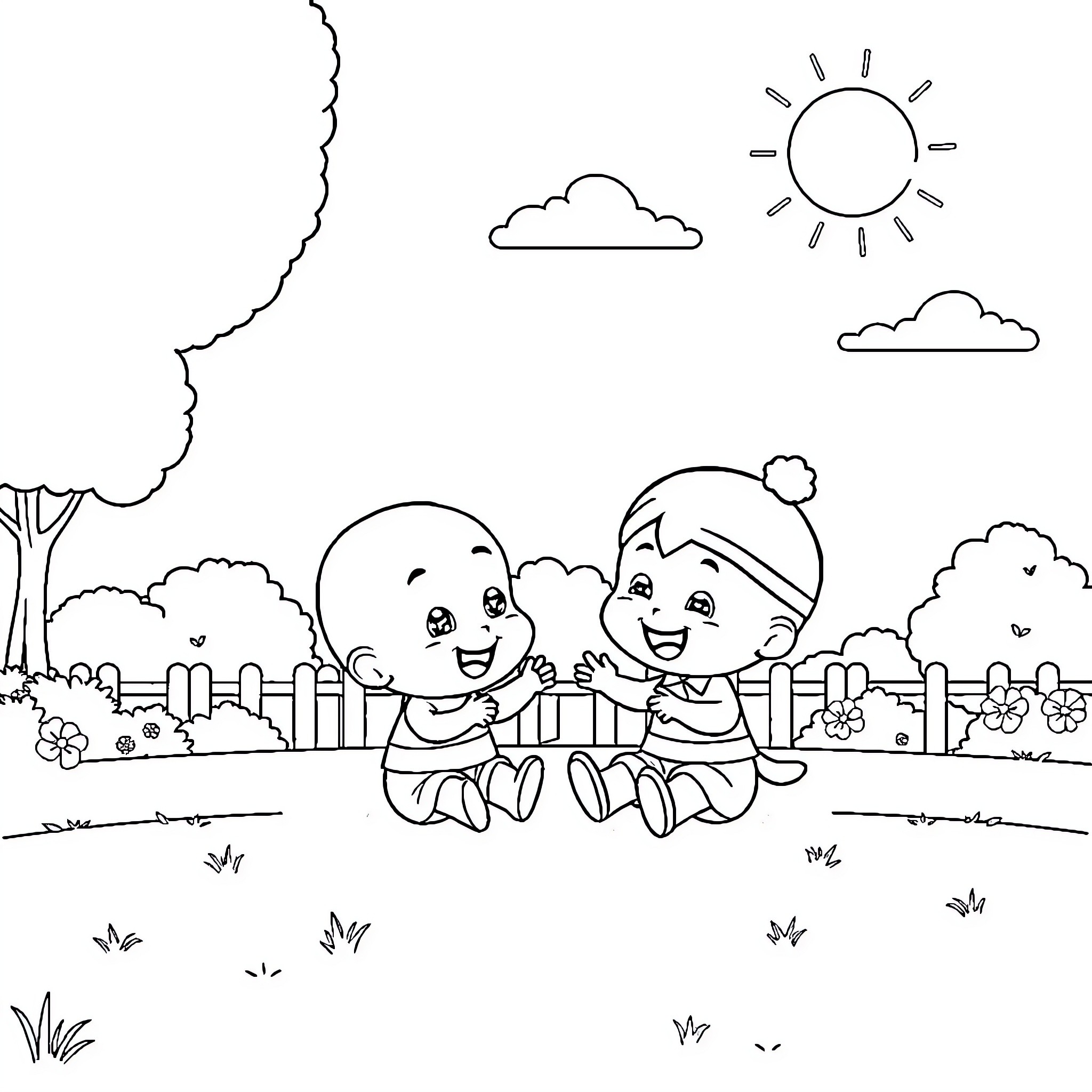 Bubu and Dudu playing happily in the park Coloring Page (free black-and-white line drawing printable PDF for all, from beginners to advanced learners, including children, teens, adults, and seniors)