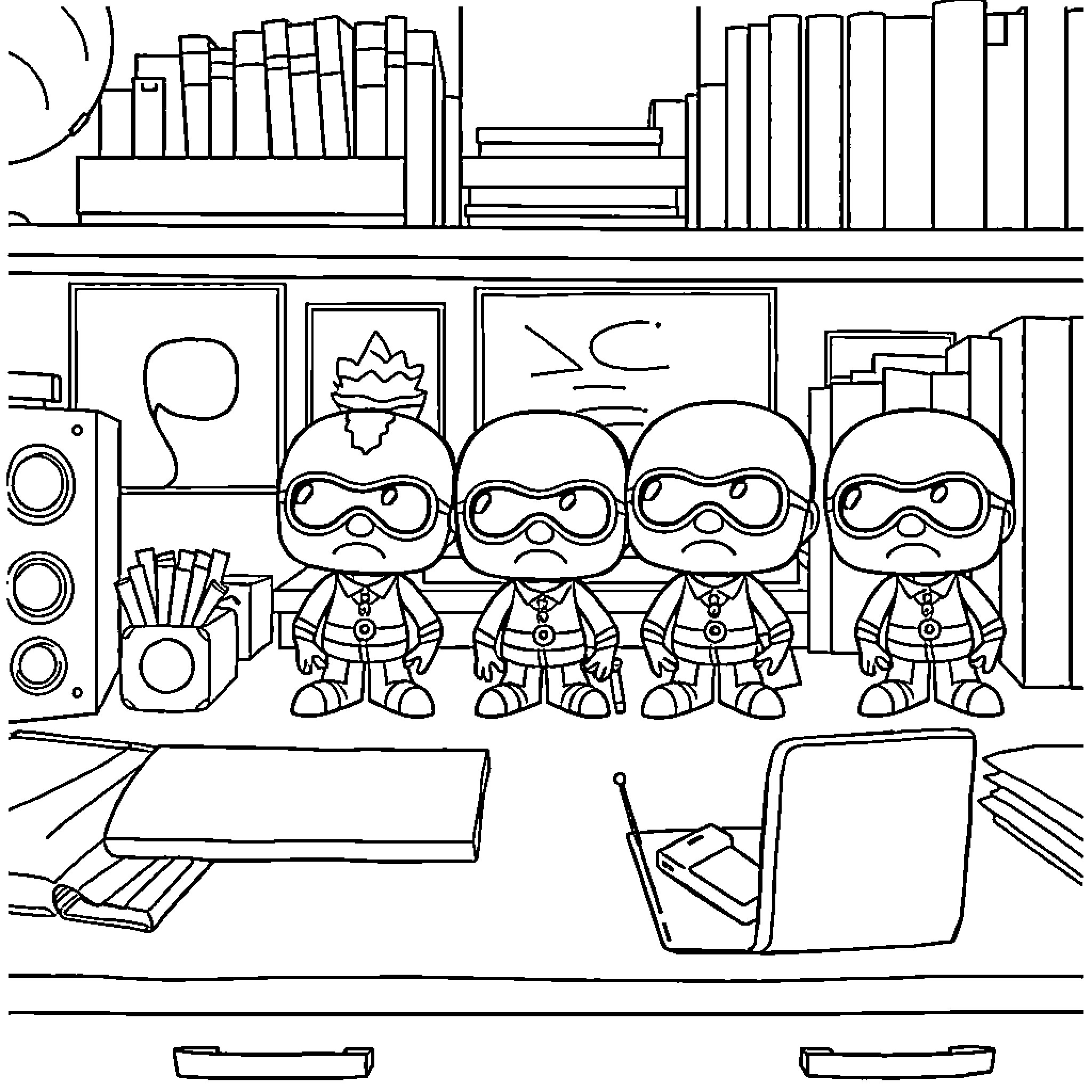 Popmart: Cartoon characters in a studio setting Coloring Page (free black-and-white line drawing printable PDF for all, from beginners to advanced learners, including children, teens, adults, and seniors)