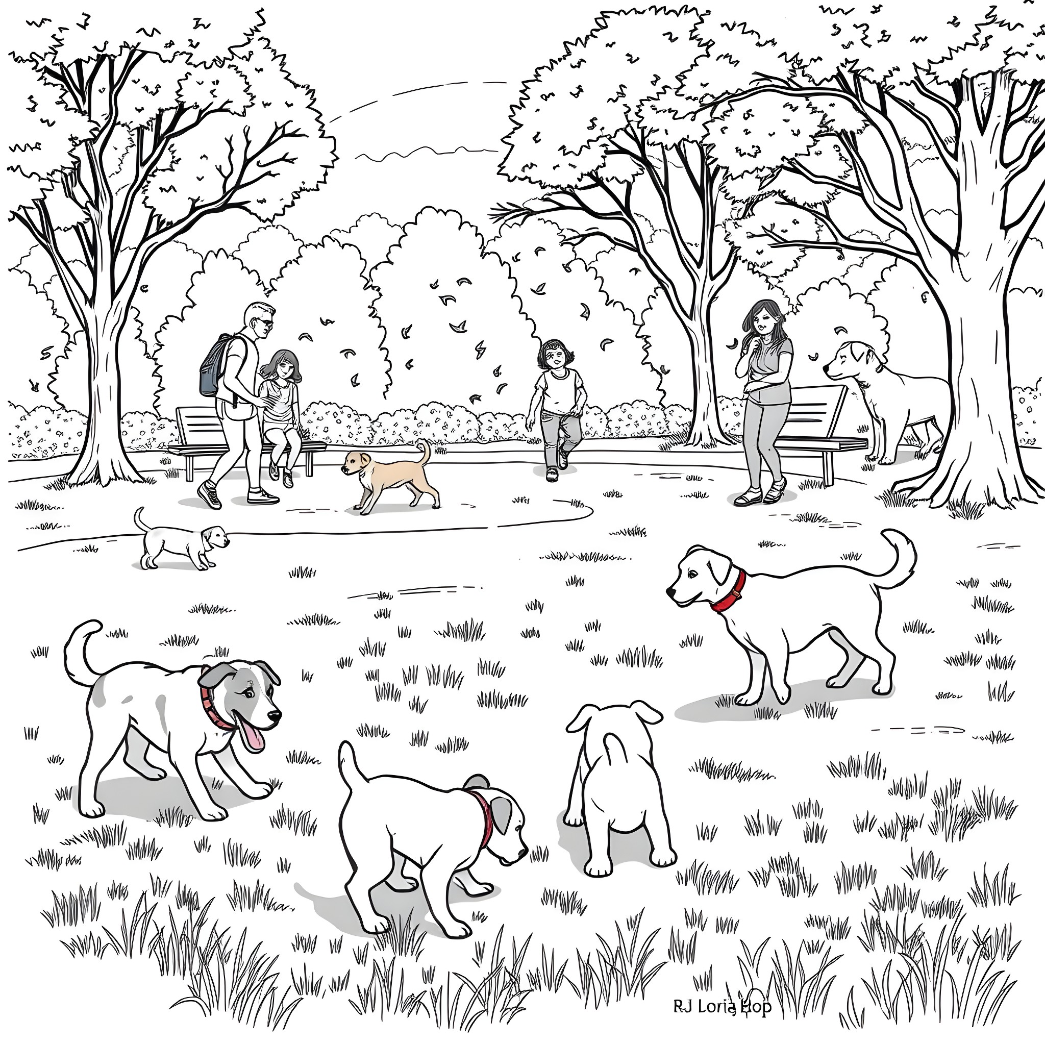 Dogs playing happily in the park with people Coloring Page (free black-and-white line drawing printable PDF for all, from beginners to advanced learners, including children, teens, adults, and seniors)