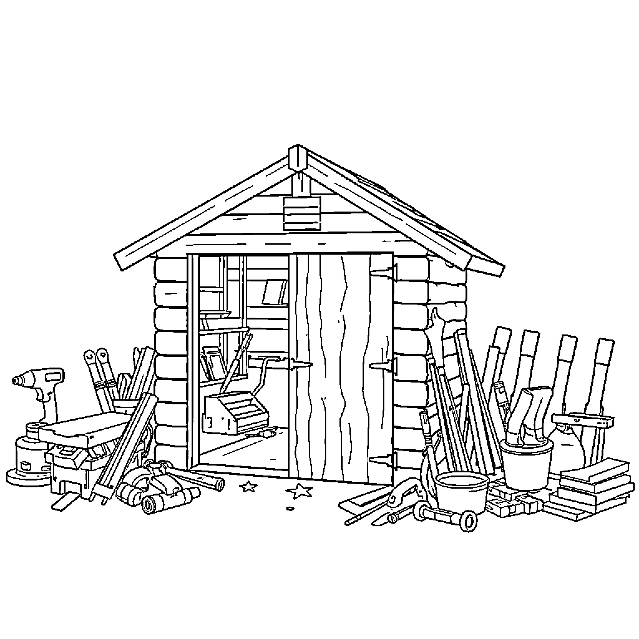 Shed filled with tools and supplies Coloring Page (free black-and-white line drawing printable PDF for all, from beginners to advanced learners, including children, teens, adults, and seniors)