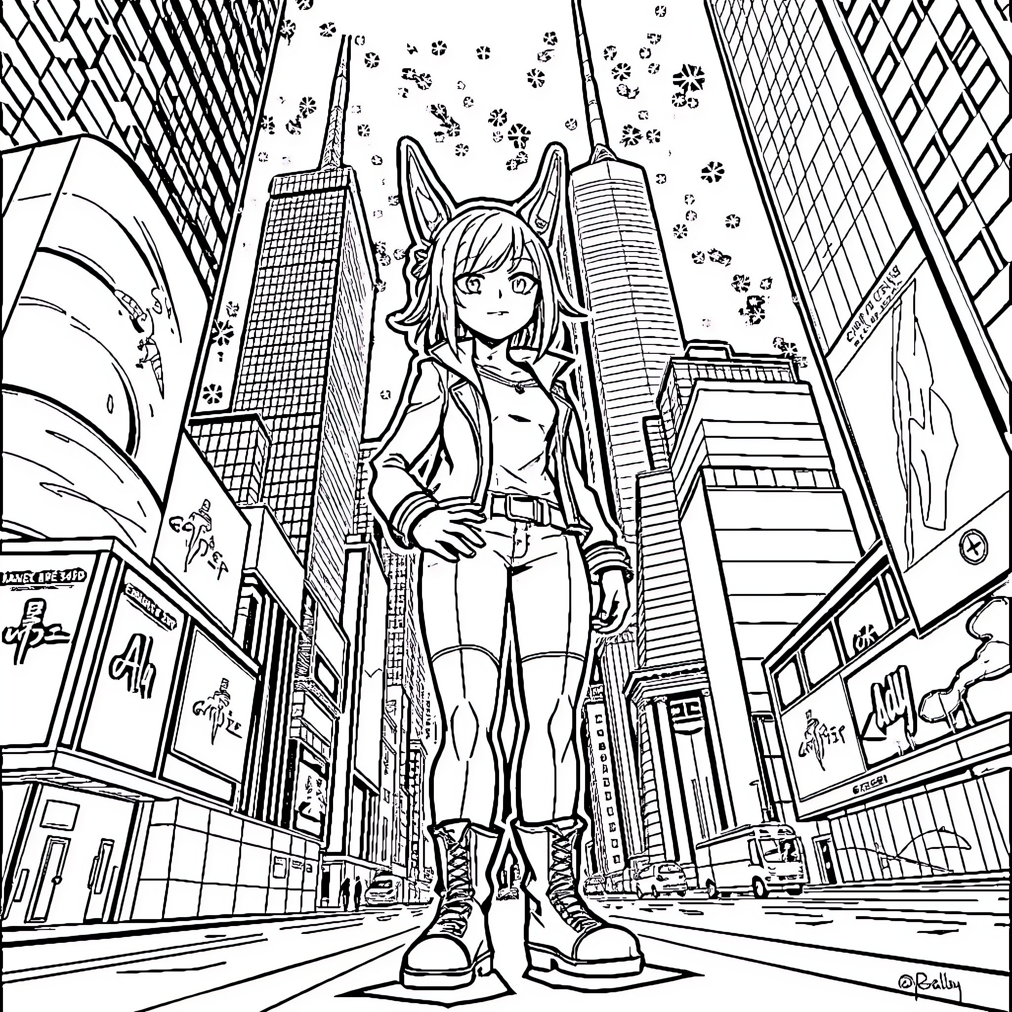 Gally in the Futuristic City Landscape Coloring Page (free black-and-white line drawing printable PDF for all, from beginners to advanced learners, including children, teens, adults, and seniors)