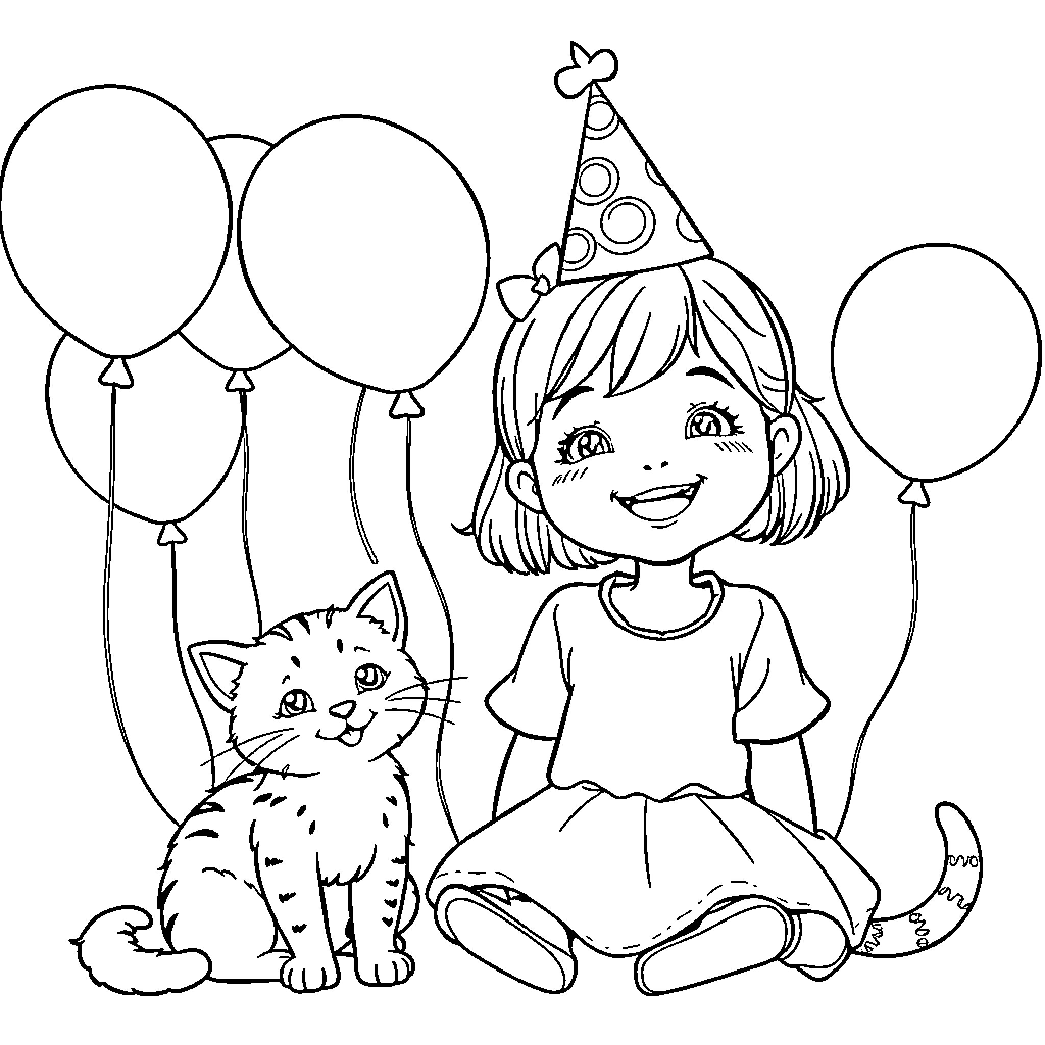 Girl celebrates birthday with kitten and balloons Coloring Page (free black-and-white line drawing printable PDF for all, from beginners to advanced learners, including children, teens, adults, and seniors)