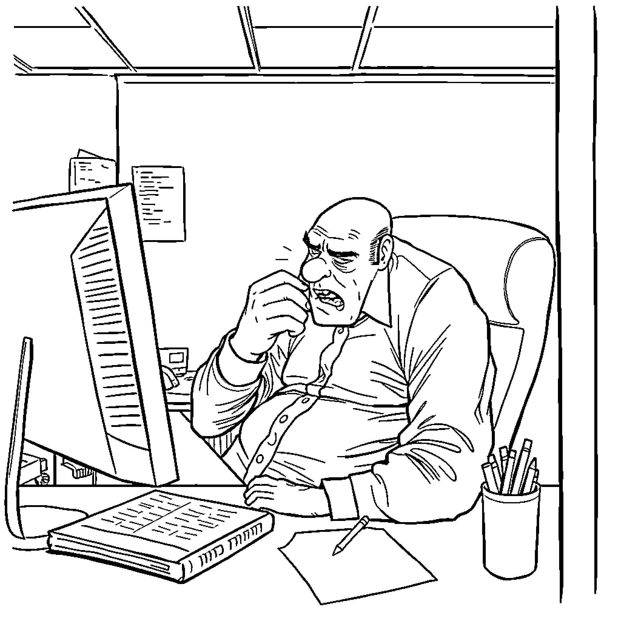 Office Worker Deeply Focused on Work Coloring Page (free black-and-white line drawing printable PDF for all, from beginners to advanced learners, including children, teens, adults, and seniors)