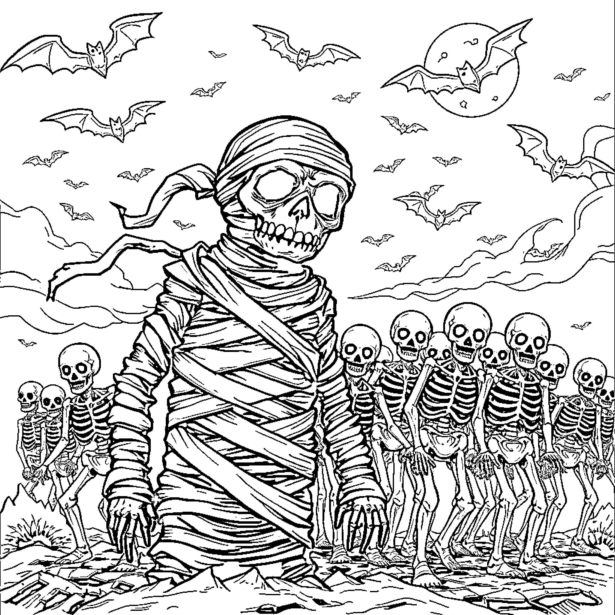 Mummy surrounded by skeletal army in a haunting scene Coloring Page (free black-and-white line drawing printable PDF for all, from beginners to advanced learners, including children, teens, adults, and seniors)