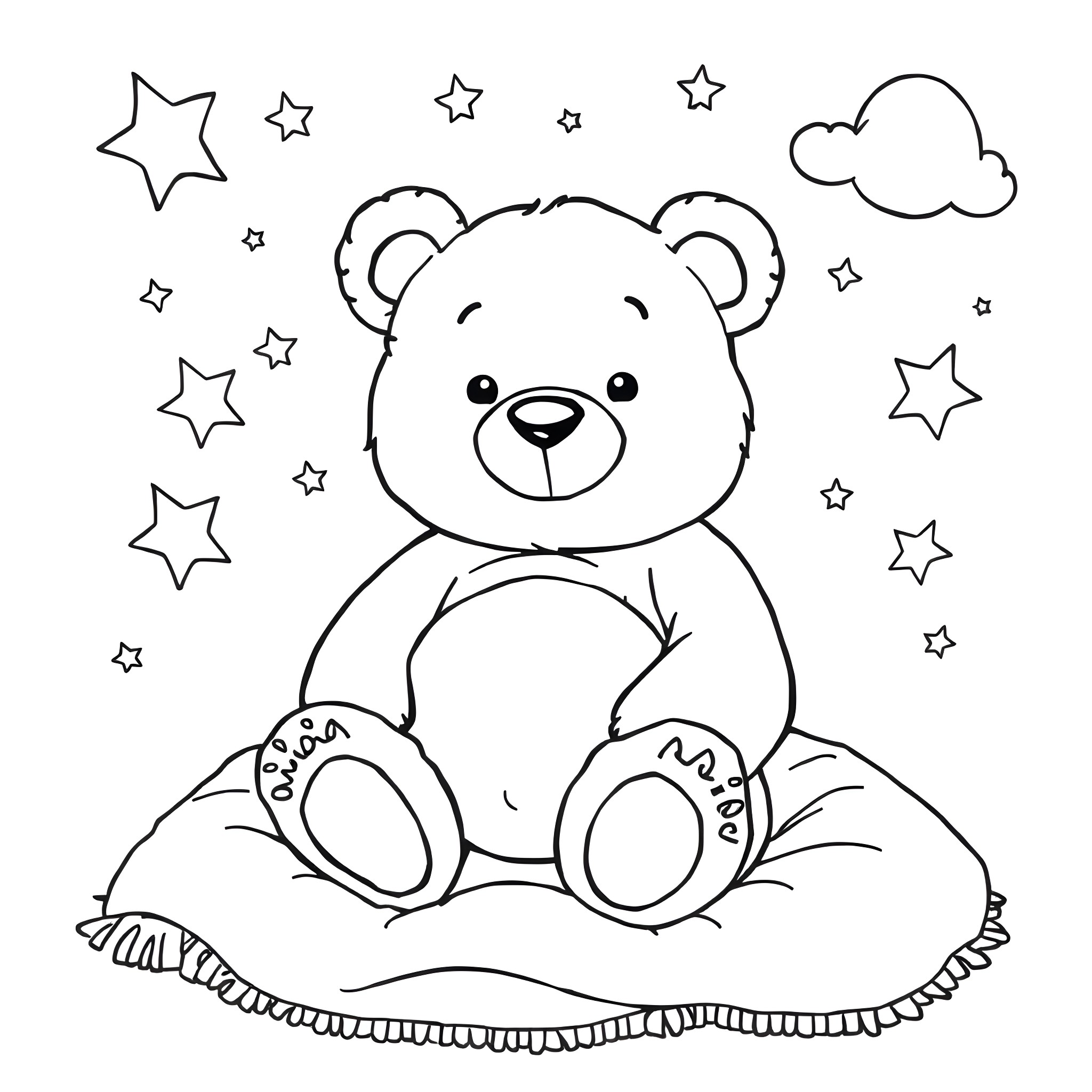 Teddy Bear sitting among the stars Coloring Page (free black-and-white line drawing printable PDF for all, from beginners to advanced learners, including children, teens, adults, and seniors)