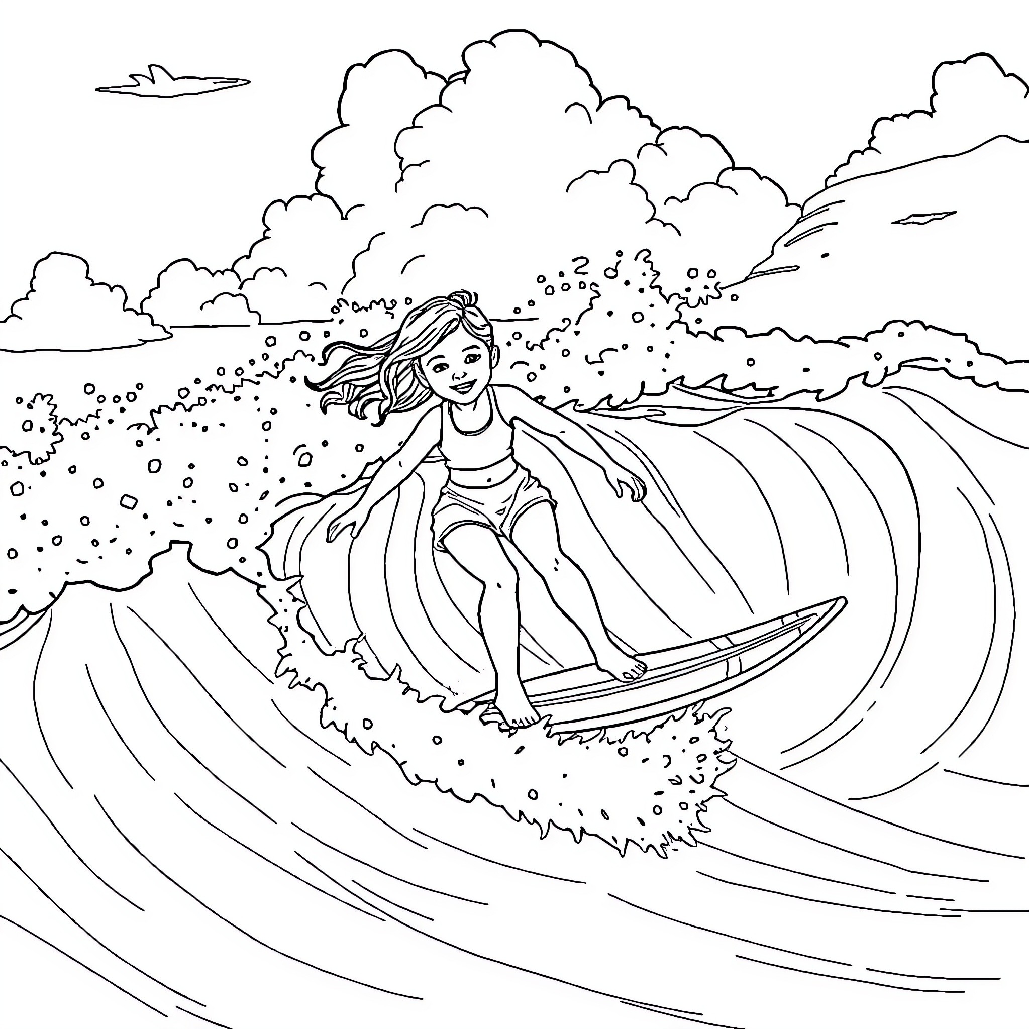 Mimi surfing the waves in the ocean Coloring Page (free black-and-white line drawing printable PDF for all, from beginners to advanced learners, including children, teens, adults, and seniors)