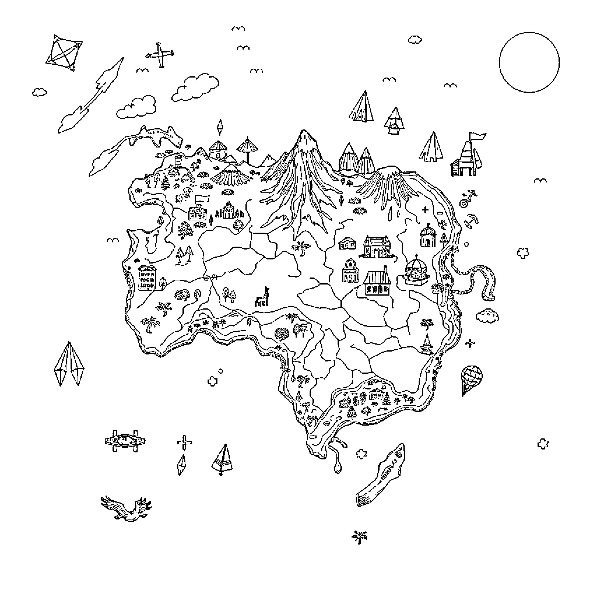 Atlas of Imaginative Landscapes and Fantastical Figures Coloring Page (free black-and-white line drawing printable PDF for all, from beginners to advanced learners, including children, teens, adults, and seniors)