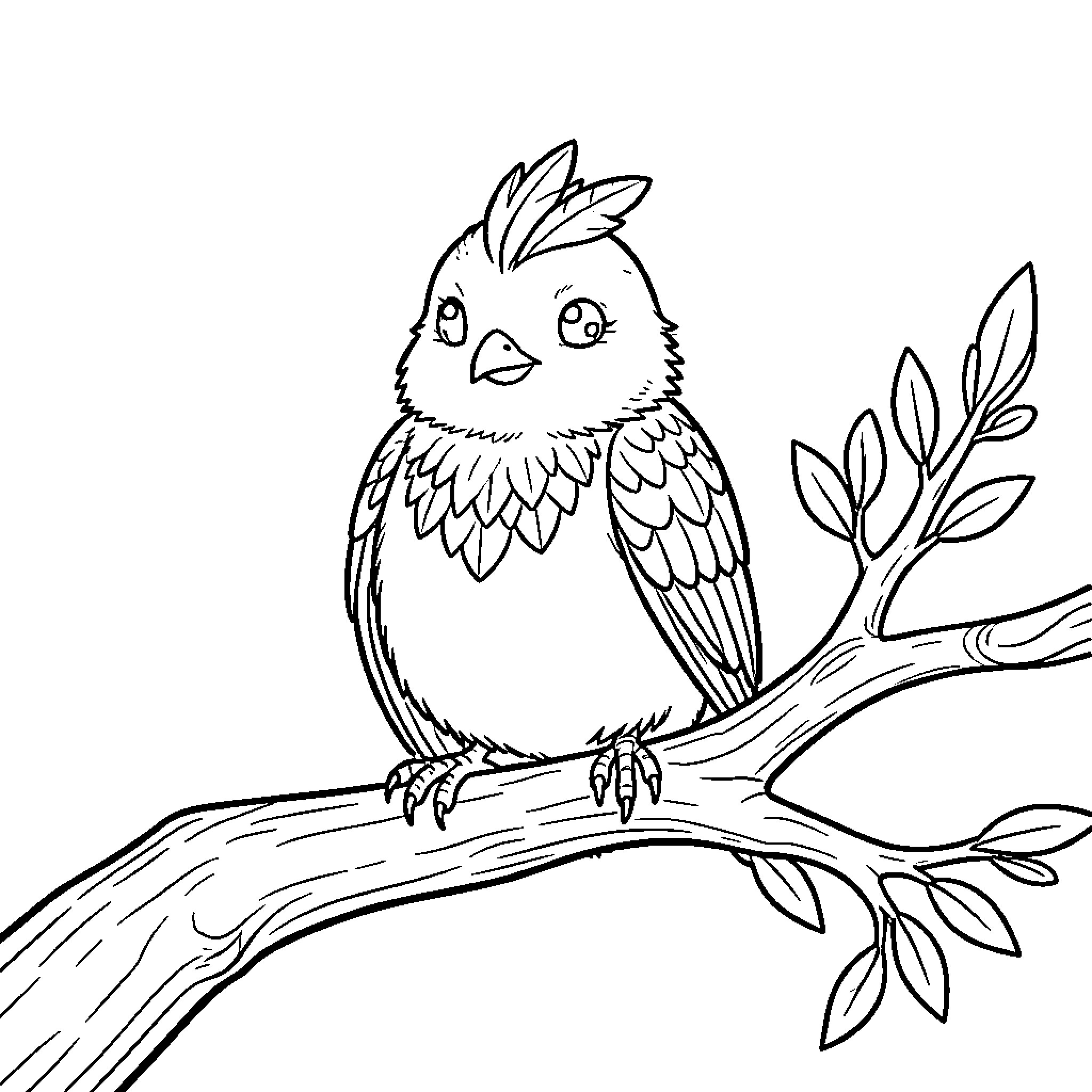 Piculincito, a playful bird perched on a branch Coloring Page (free black-and-white line drawing printable PDF for all, from beginners to advanced learners, including children, teens, adults, and seniors)