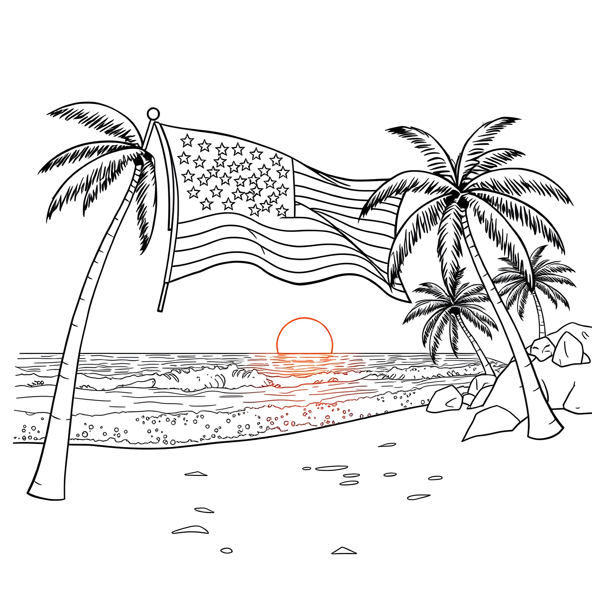 Flag waving over tropical beach scene Coloring Page (free black-and-white line drawing printable PDF for all, from beginners to advanced learners, including children, teens, adults, and seniors)