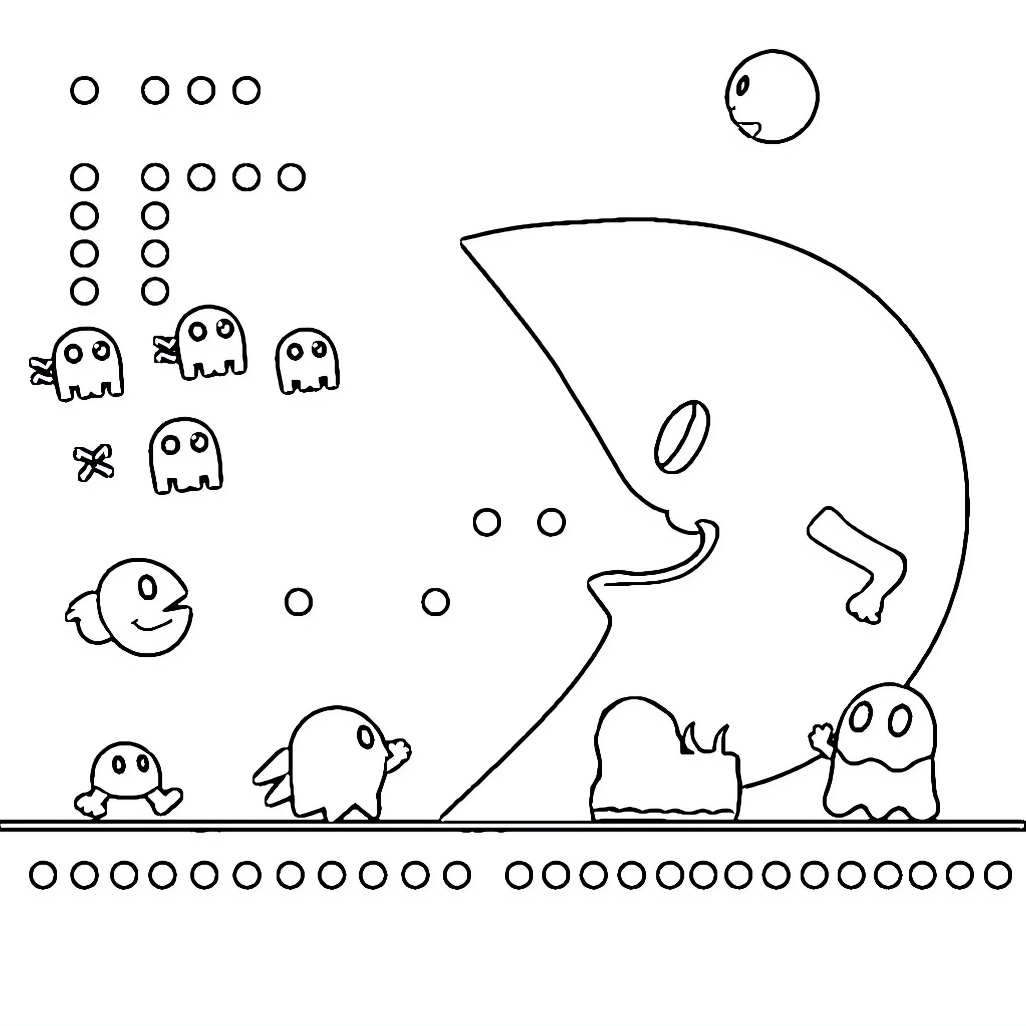 Pacman chasing ghosts through a maze Coloring Page (free black-and-white line drawing printable PDF for all, from beginners to advanced learners, including children, teens, adults, and seniors)