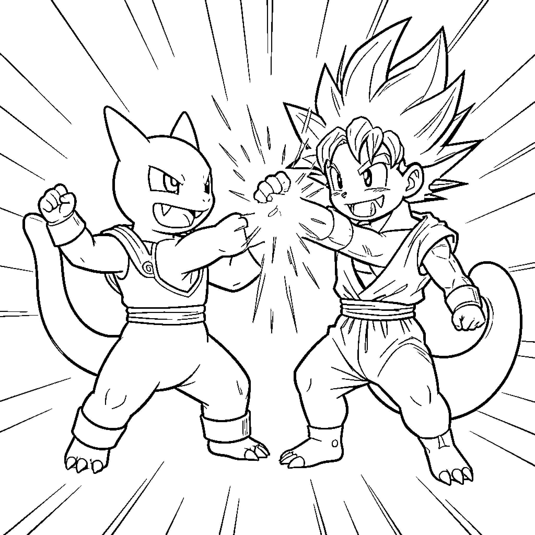 Agumon and Goku engaged in a spirited martial arts battle Coloring Page (free black-and-white line drawing printable PDF for all, from beginners to advanced learners, including children, teens, adults, and seniors)