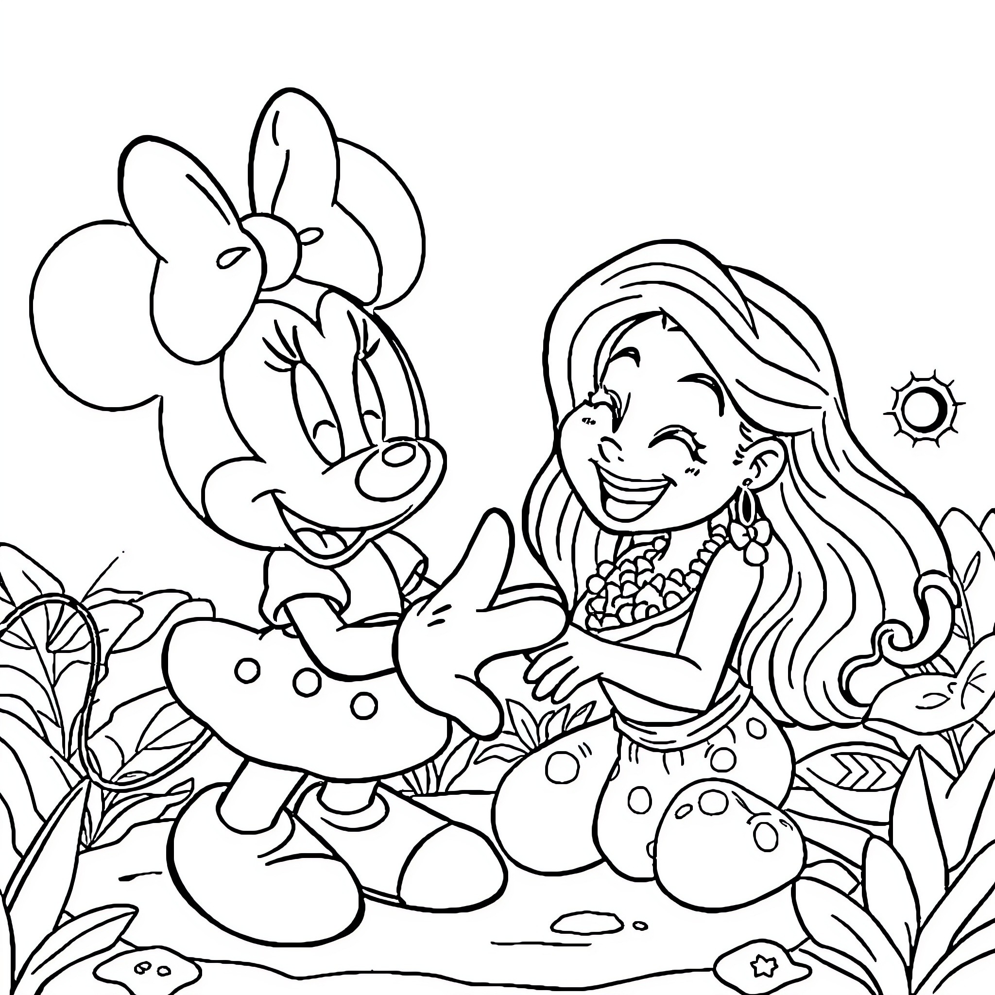 Minnie and the tropical girl have fun in the wilderness Coloring Page (free black-and-white line drawing printable PDF for all, from beginners to advanced learners, including children, teens, adults, and seniors)