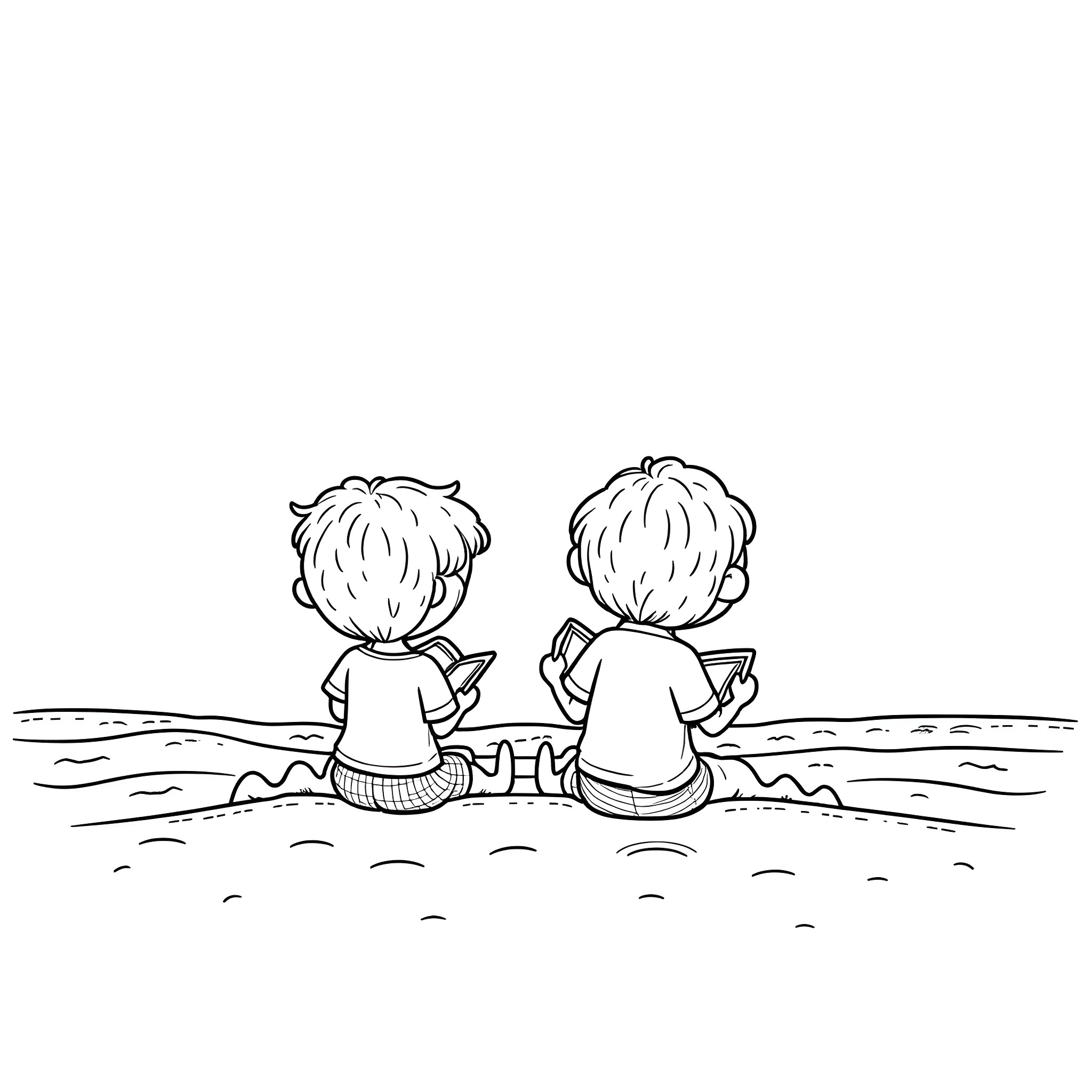 Kid friends playing together on the beach Coloring Page (free black-and-white line drawing printable PDF for all, from beginners to advanced learners, including children, teens, adults, and seniors)