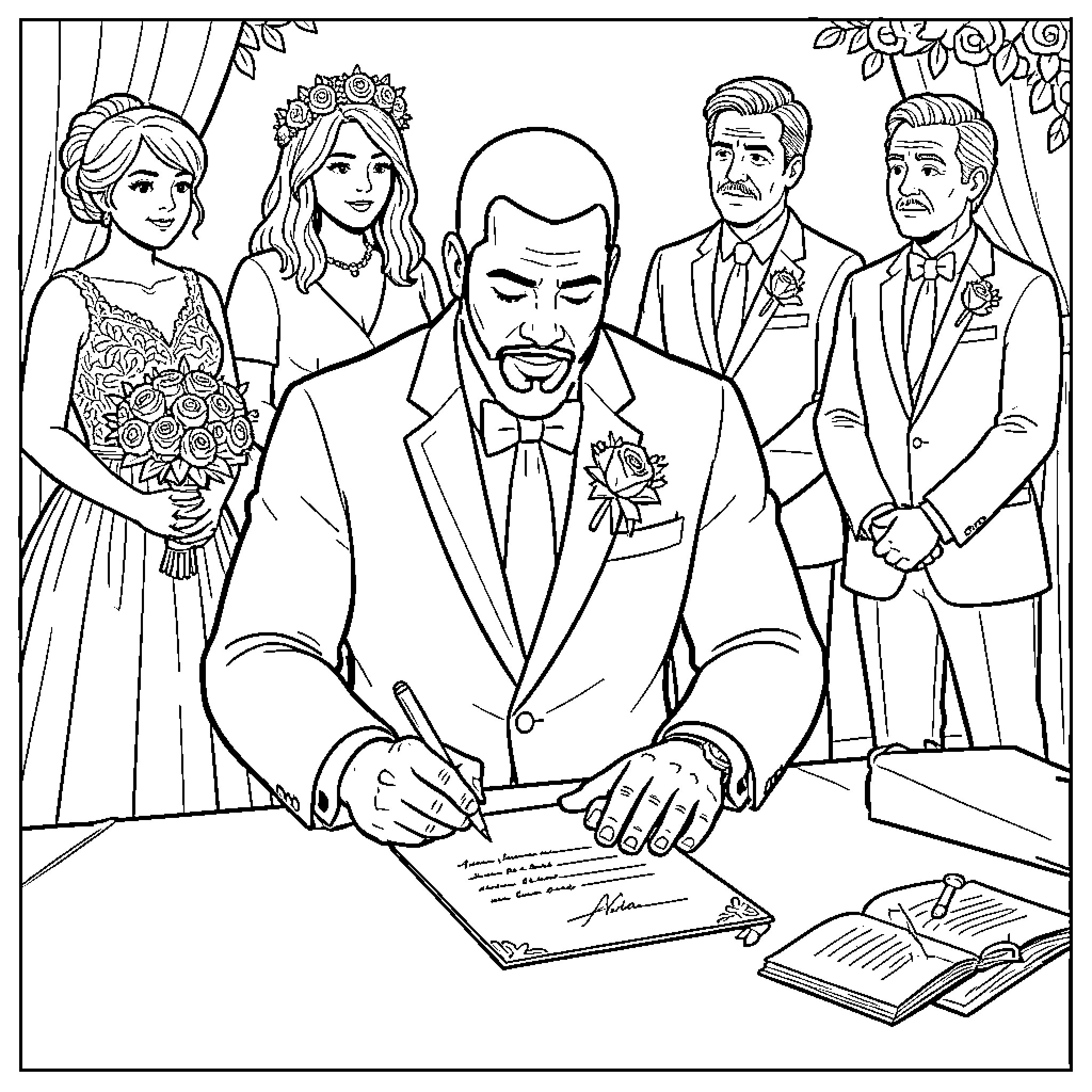 Denis Rodman Signing Wedding Certificate Surrounded by Guests Coloring Page (free black-and-white line drawing printable PDF for all, from beginners to advanced learners, including children, teens, adults, and seniors)