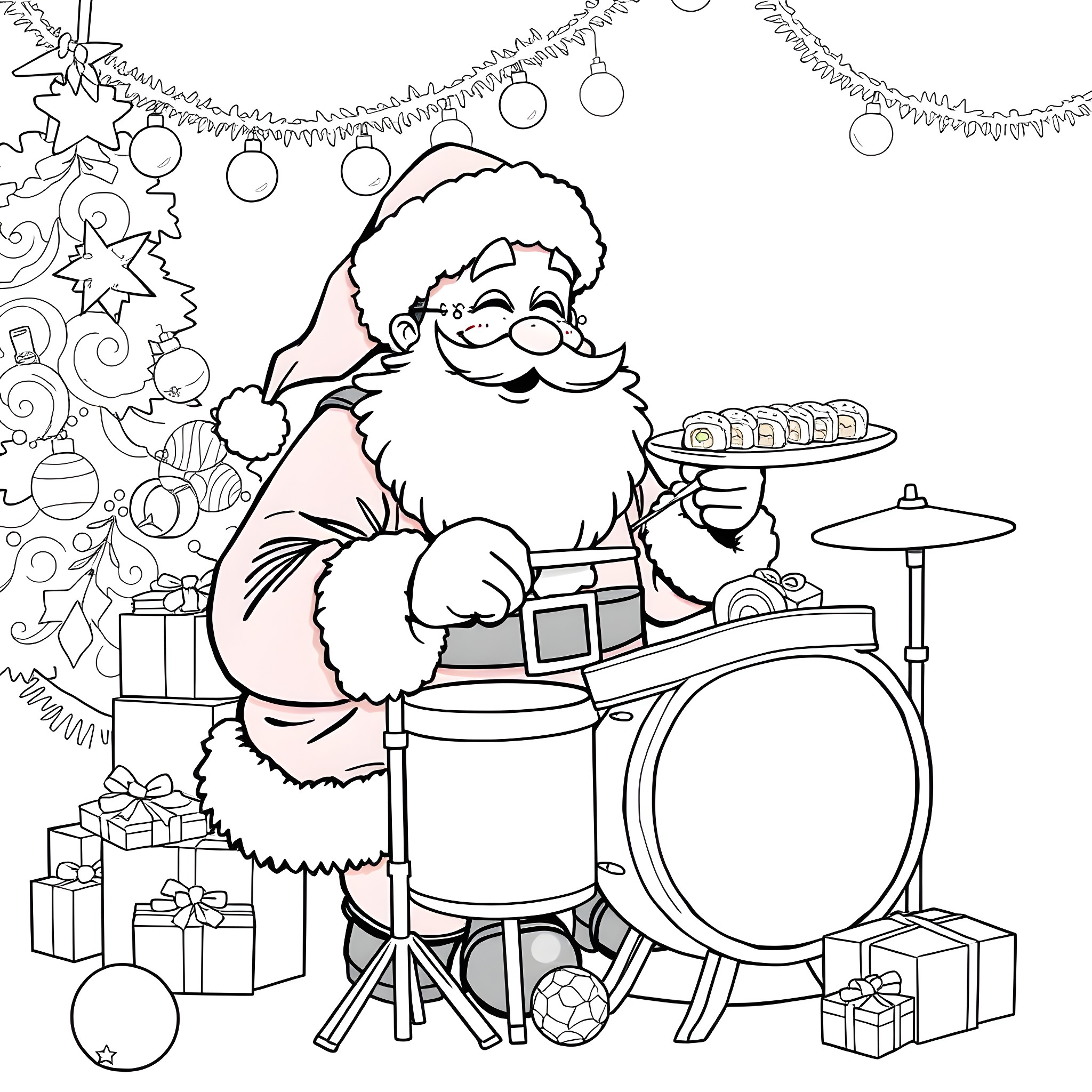 Santa playing drums with a plate of cookies Coloring Page (free black-and-white line drawing printable PDF for all, from beginners to advanced learners, including children, teens, adults, and seniors)