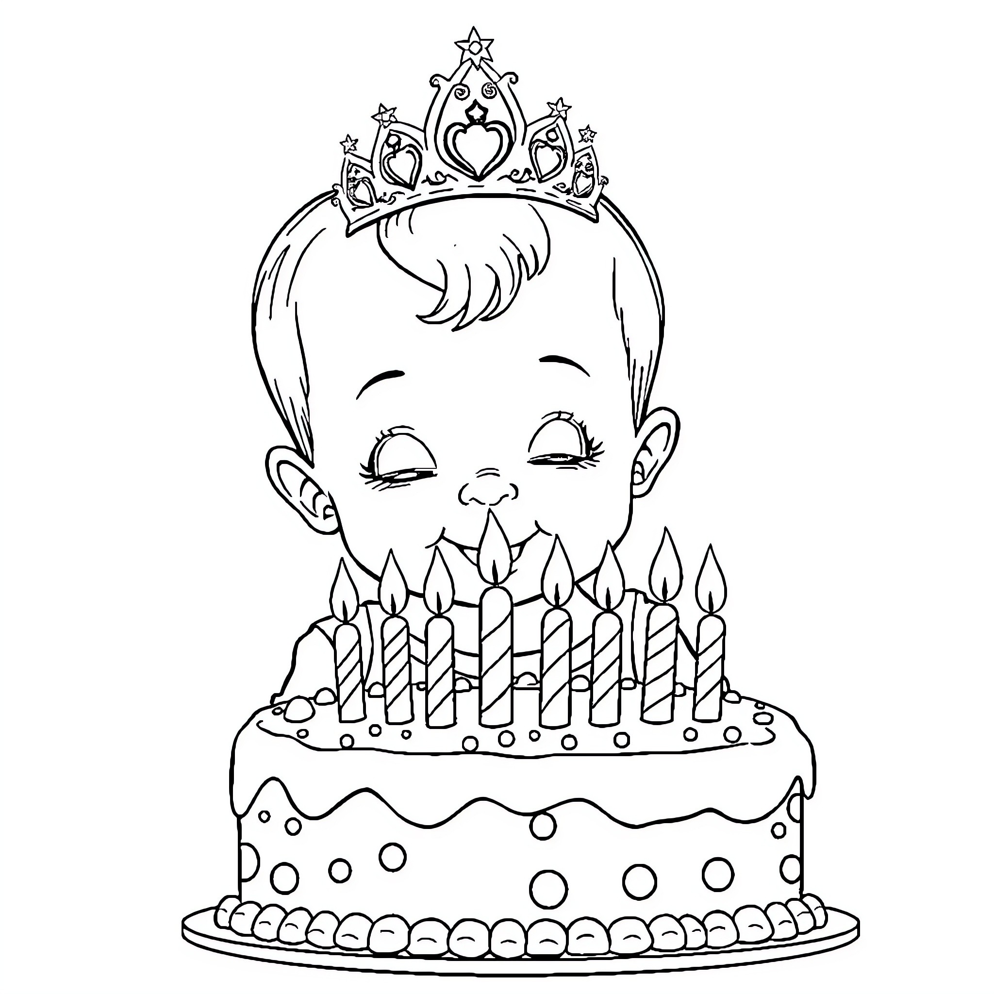 Toddler blowing out birthday candles on cake Coloring Page (free black-and-white line drawing printable PDF for all, from beginners to advanced learners, including children, teens, adults, and seniors)